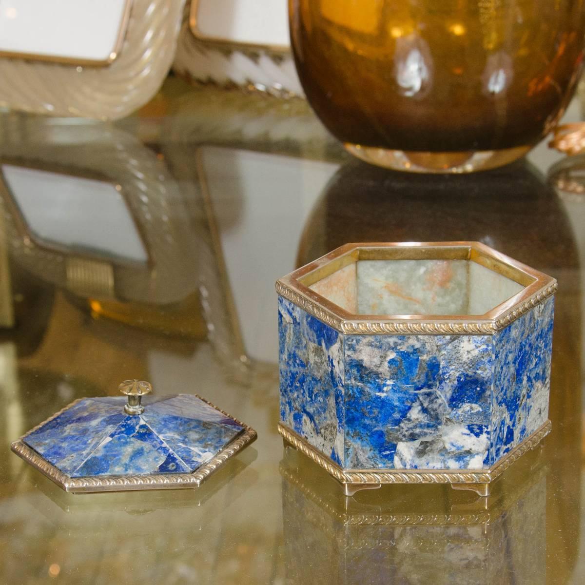 Rococo Revival Hexagonal Sterling Silver and Lapis Lazuli Box