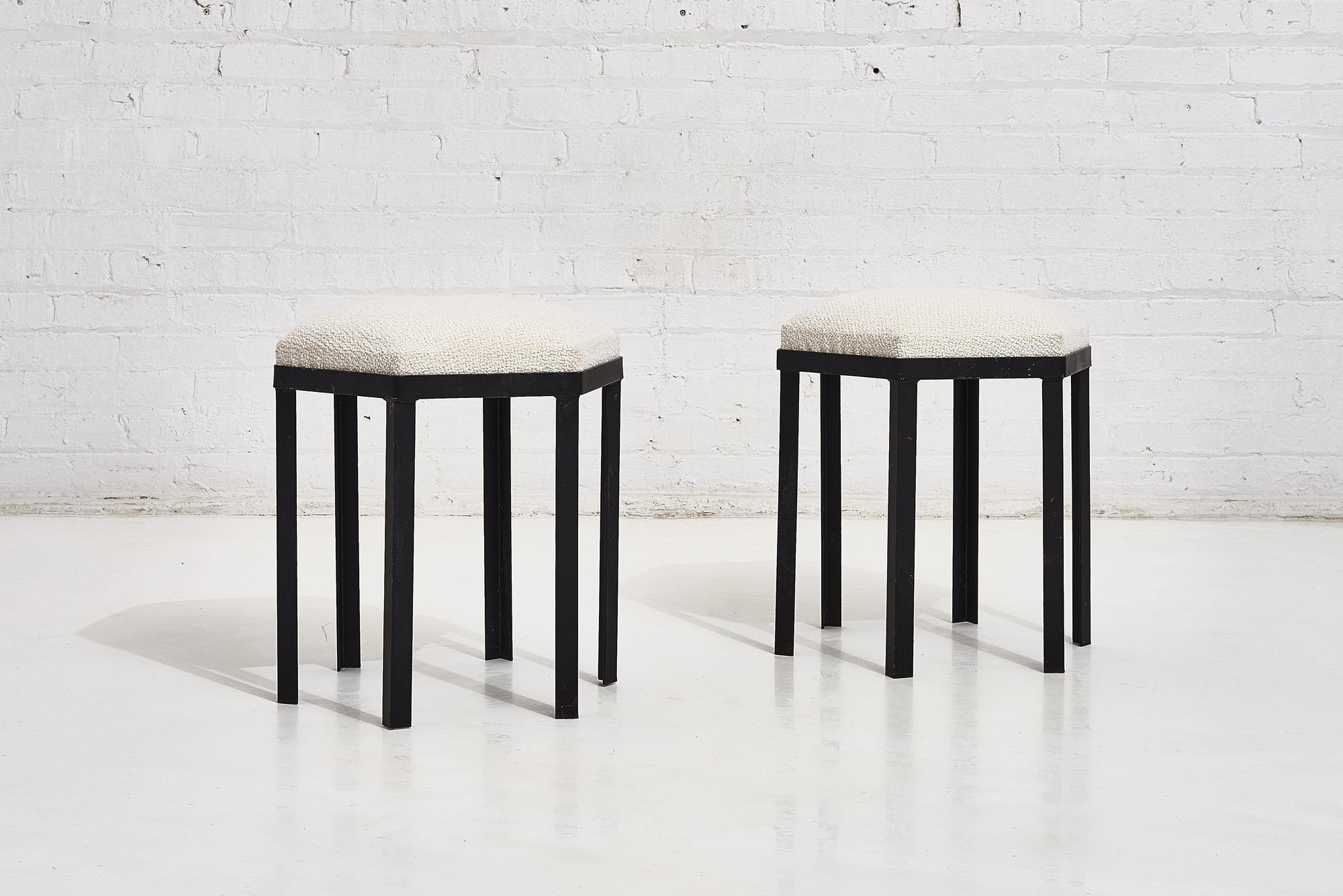Hexagonal stools in white bouclé. Newly upholstered. In the manner of Harvey Probber.