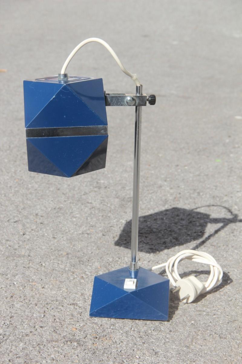 Italian Hexagonal Table Lamp as a Diamond Height Variable Blue Color and 1970s Silver For Sale