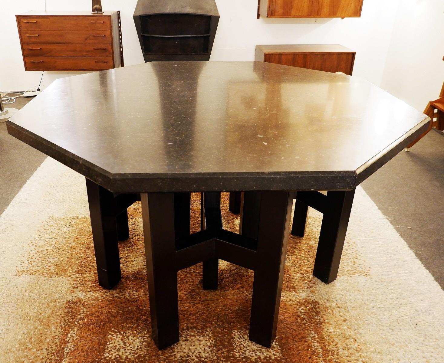 Hexagonal table with Ado Chale style Enameled Steel base and Belgian blue stone top.