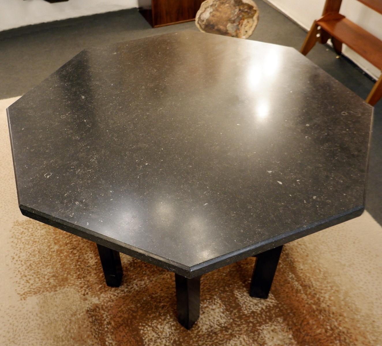 Contemporary Table with Ado Chale Style Enameled Steel Base and Belgian Blue Stone Top For Sale