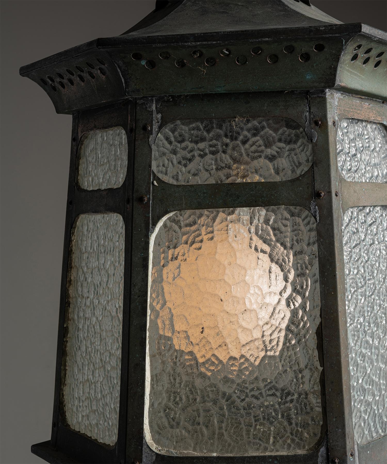 Metal Hexagonal Bronze Verdigris Lantern, England, circa 1900