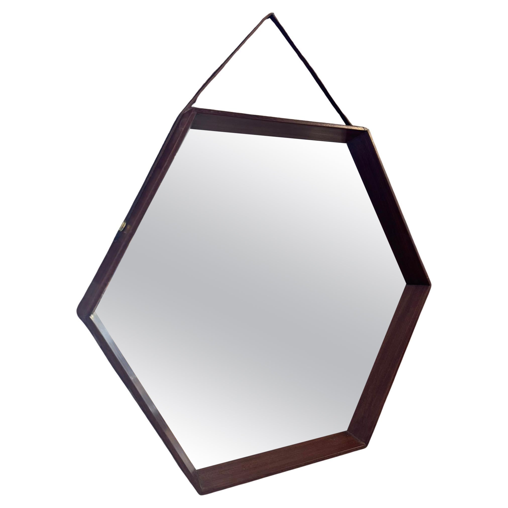 Hexagonal vintage teak mirror in vendita