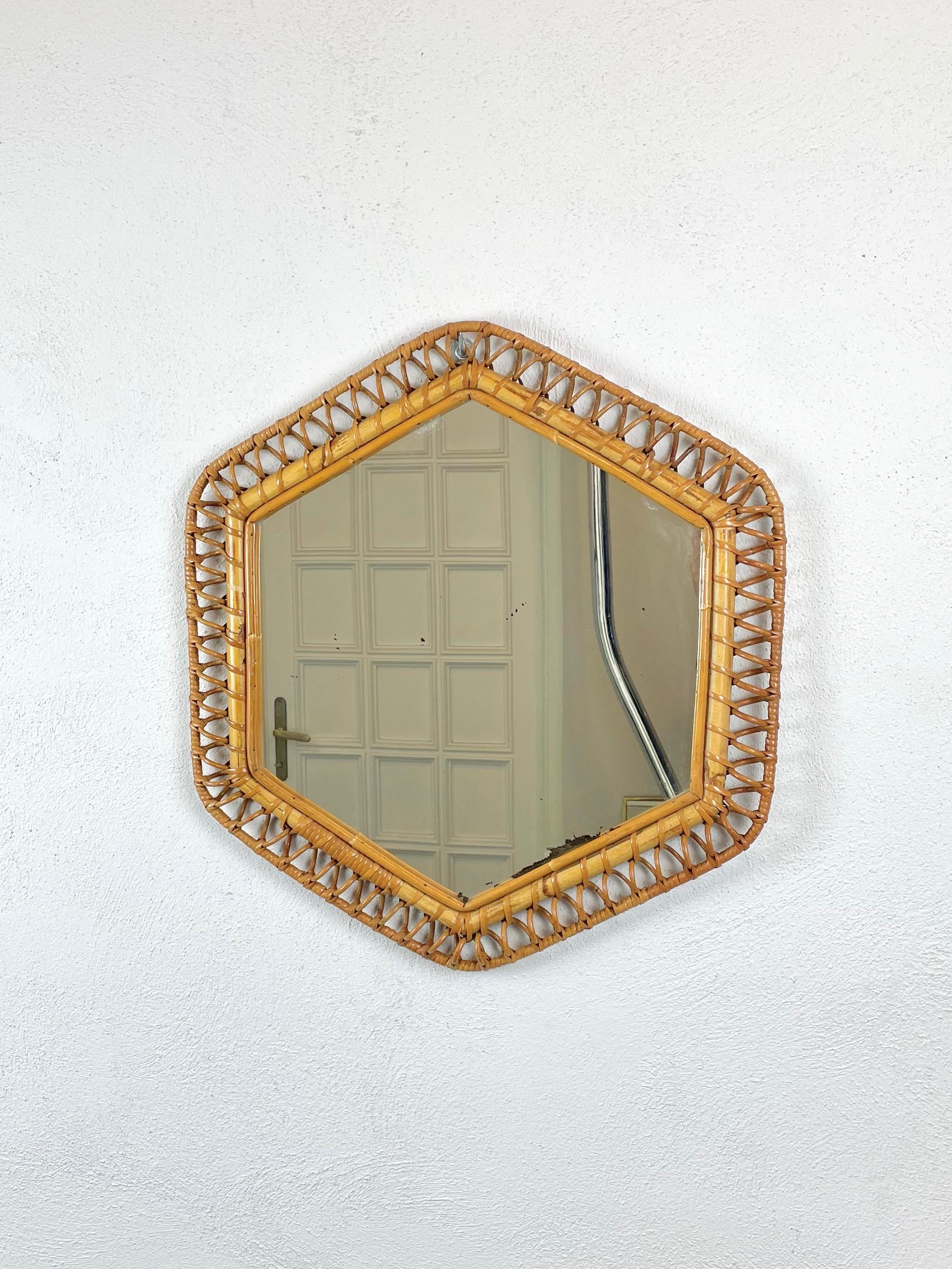 Hexagonal Wall Mirror Bamboo & Rattan Italy 1960s 1