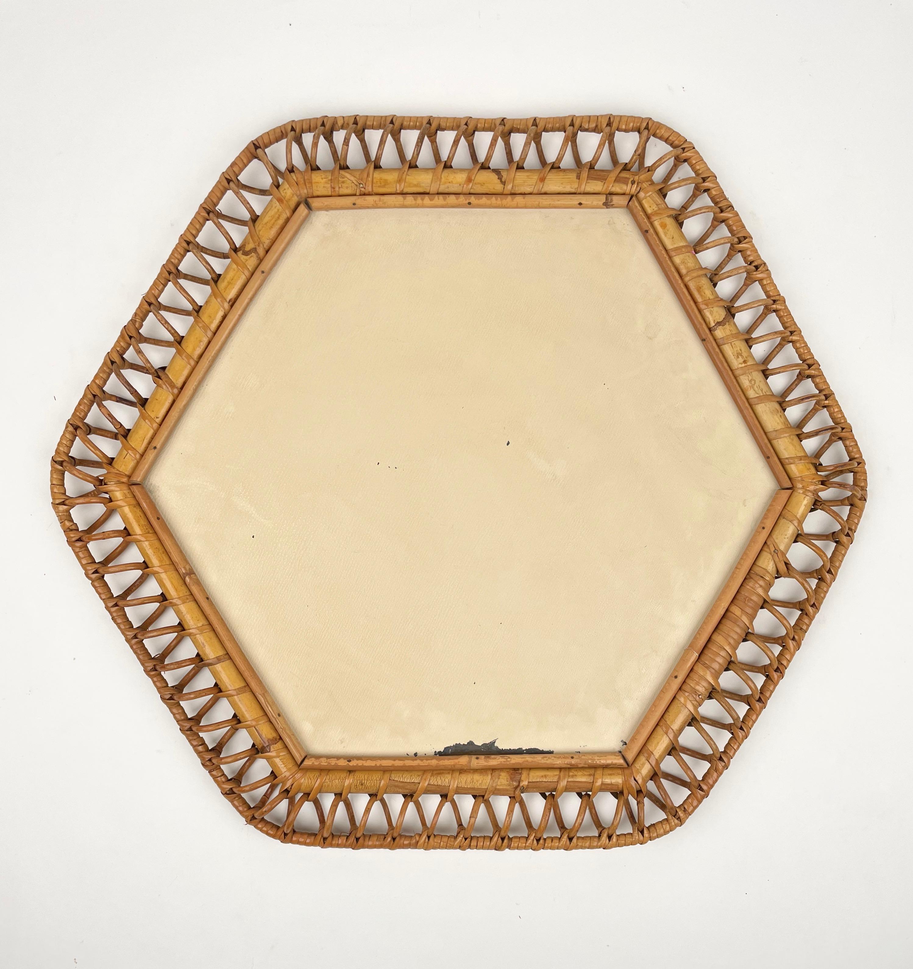 Hexagonal Wall Mirror Bamboo & Rattan Italy 1960s 3