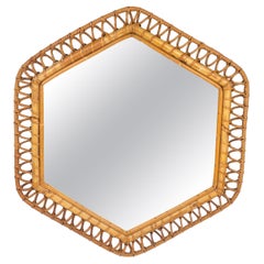 Hexagonal Wall Mirror Bamboo & Rattan Italy 1960s