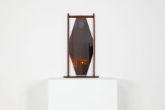 Hexagonal wall mirror with teak frame and integrated shelf. Italian design 1960s