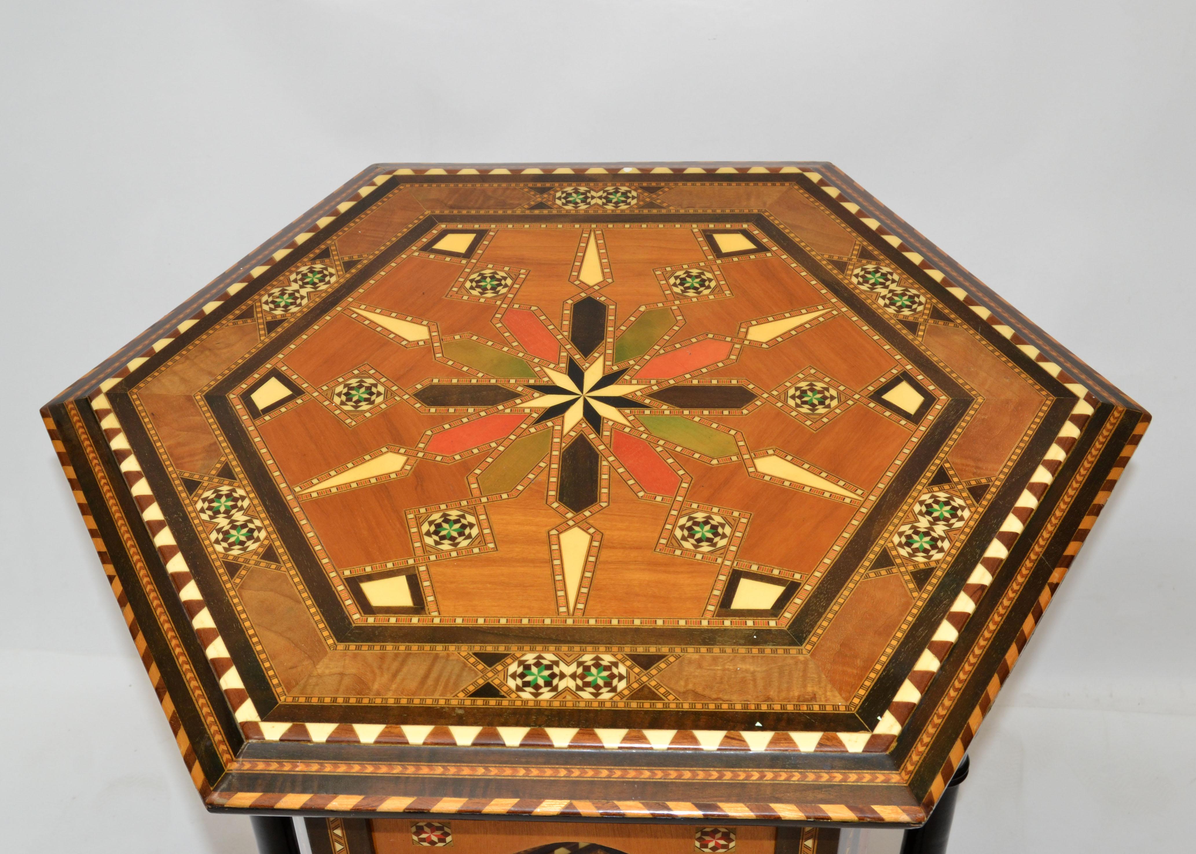 Hexagonal Wood Marquetry Moroccan Handmade Center Table Fruitwood Midcentury In Good Condition For Sale In Miami, FL