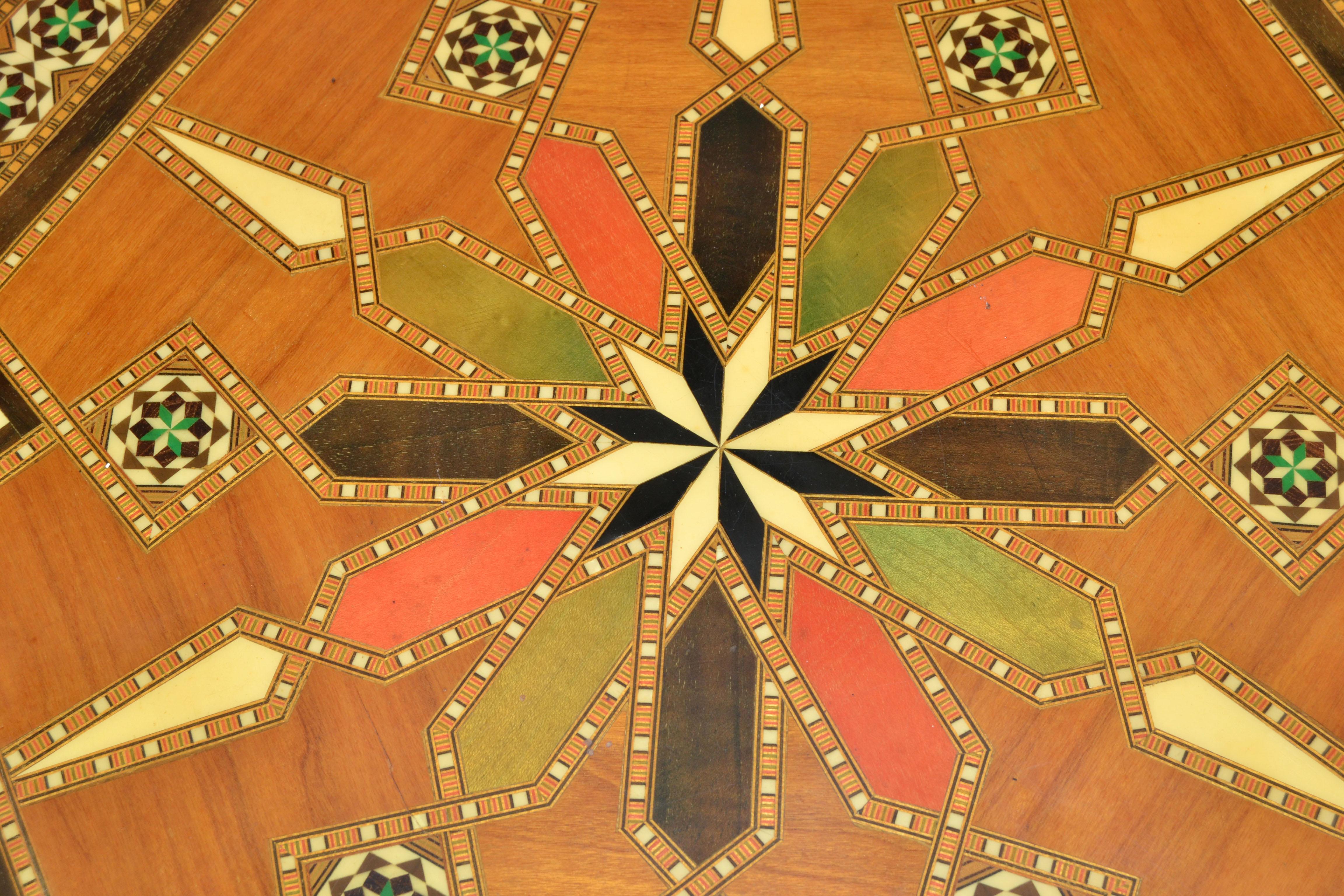 20th Century Hexagonal Wood Marquetry Moroccan Handmade Center Table Fruitwood Midcentury For Sale