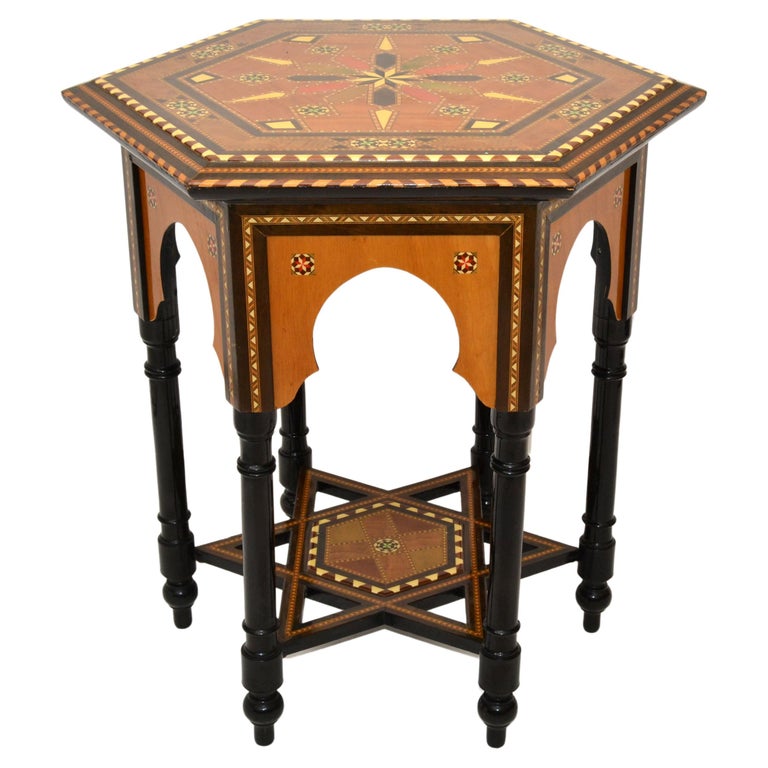 Table D'appoint Hexagonale GUELIZ Bois Et Verre - Artisanat Marocain, Neuve
