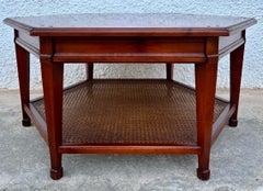 Hexagonal Wooden Coffee Table With Woven Cane Lower Tier