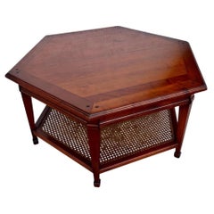 Hexagonal Wooden Coffee Table With Woven Cane Lower Tier