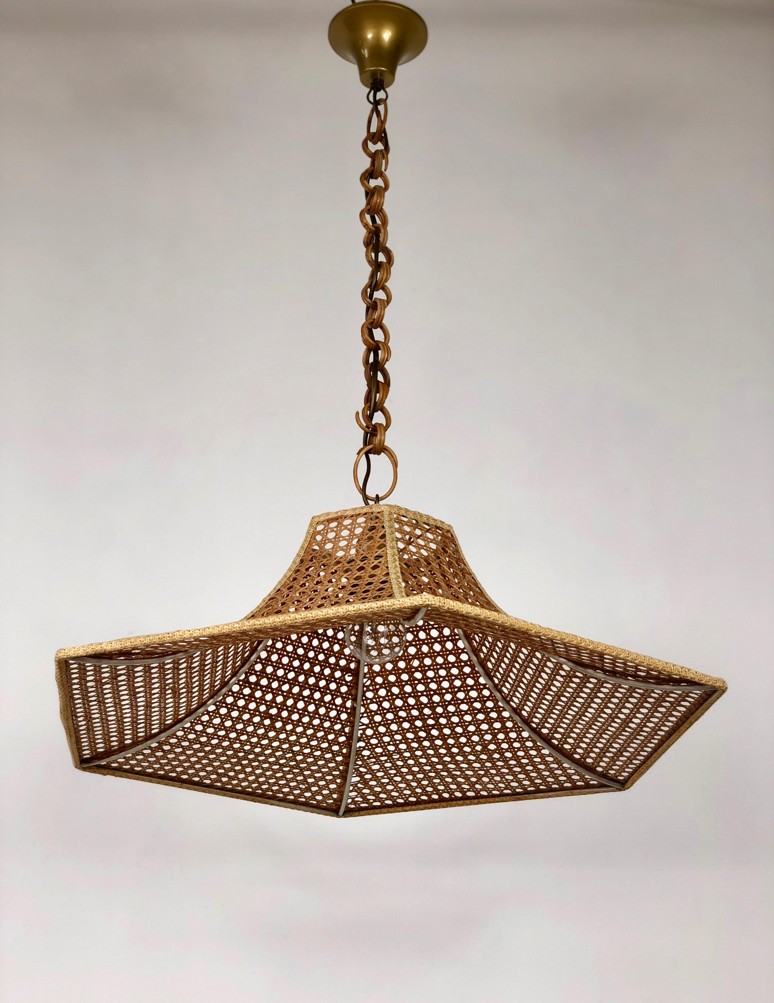 Mid-Century Modern Hexagonal Woven Wicker and Rattan Chandelier Pendant, Italy, 1960s