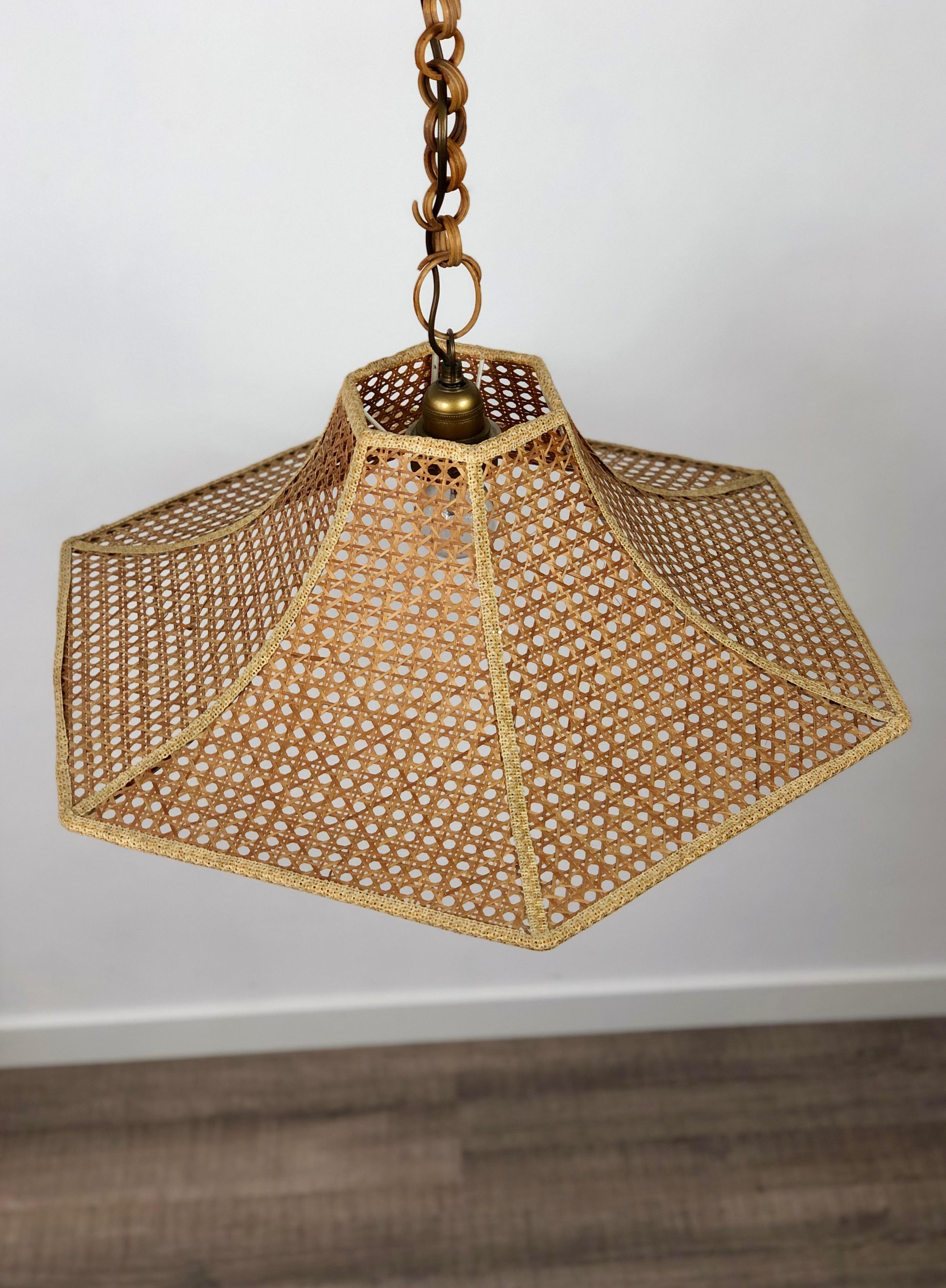 Italian Hexagonal Woven Wicker and Rattan Chandelier Pendant, Italy, 1960s