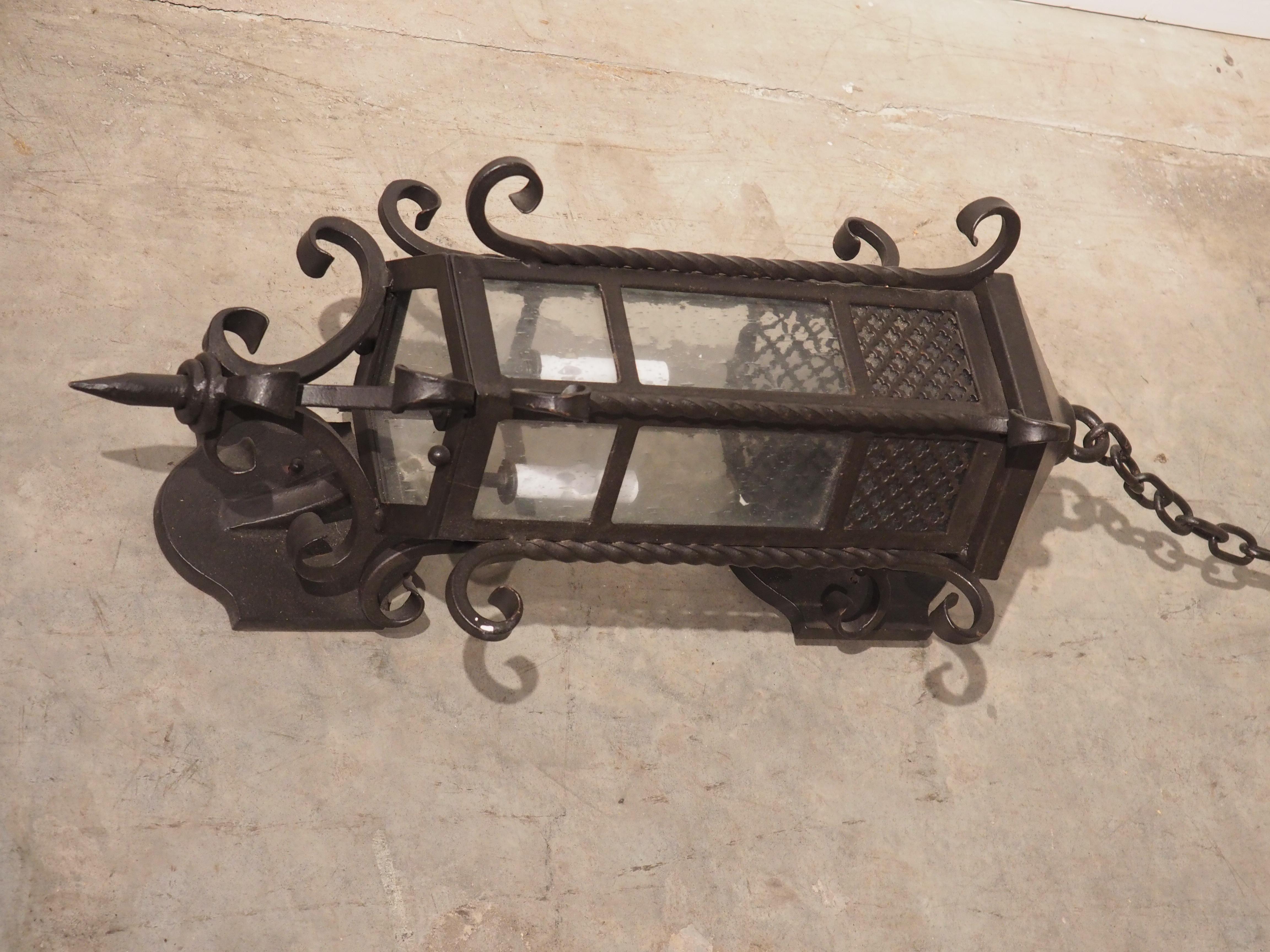 American Hexagonal Wrought Iron Lantern with Chained Wall Mount