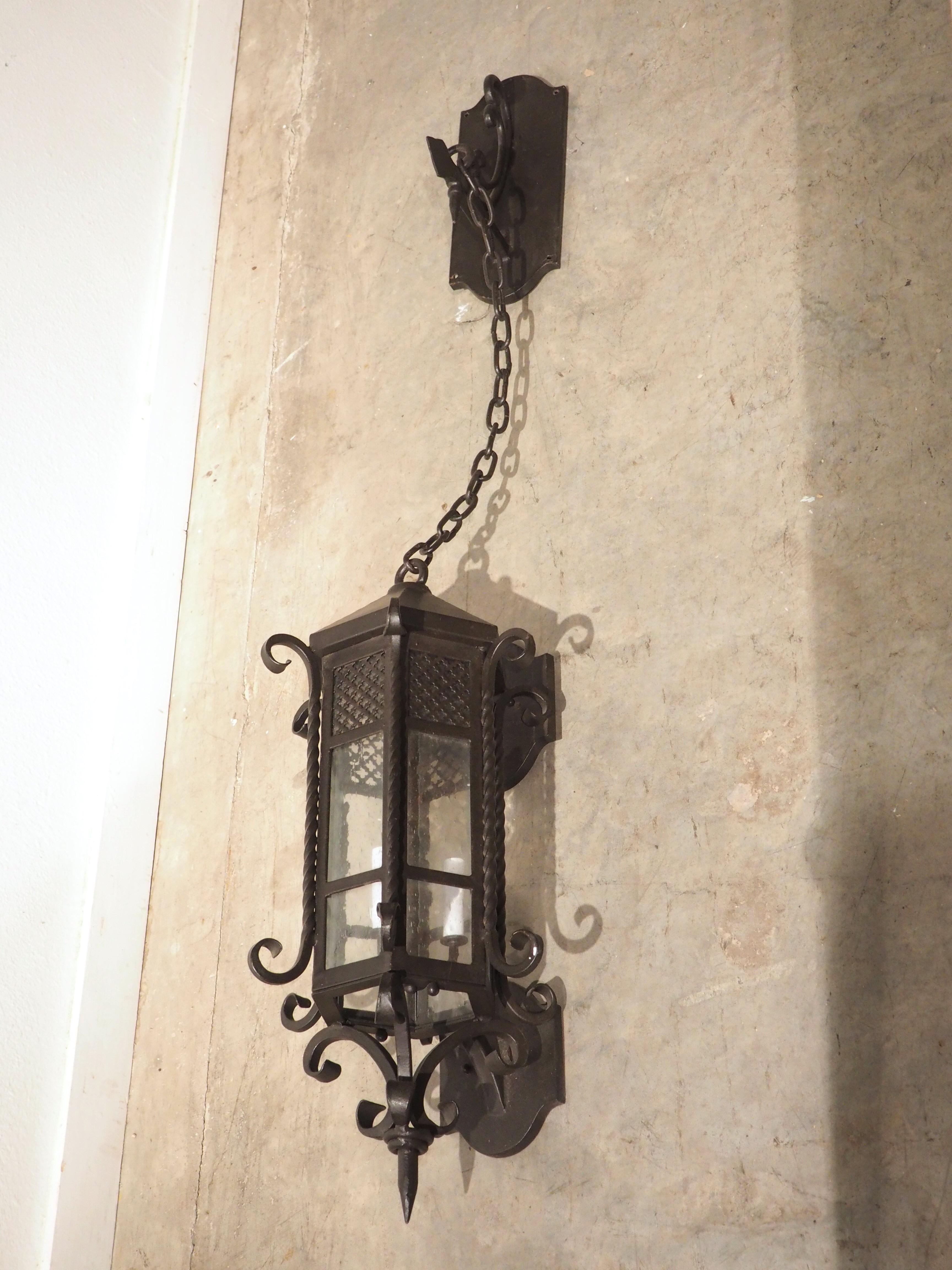 Hexagonal Wrought Iron Lantern with Chained Wall Mount 2