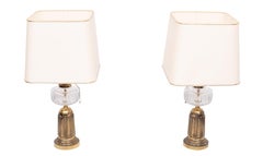 Heyco set Brass and Crystal Glass Table lamps with Shades 1960s USA