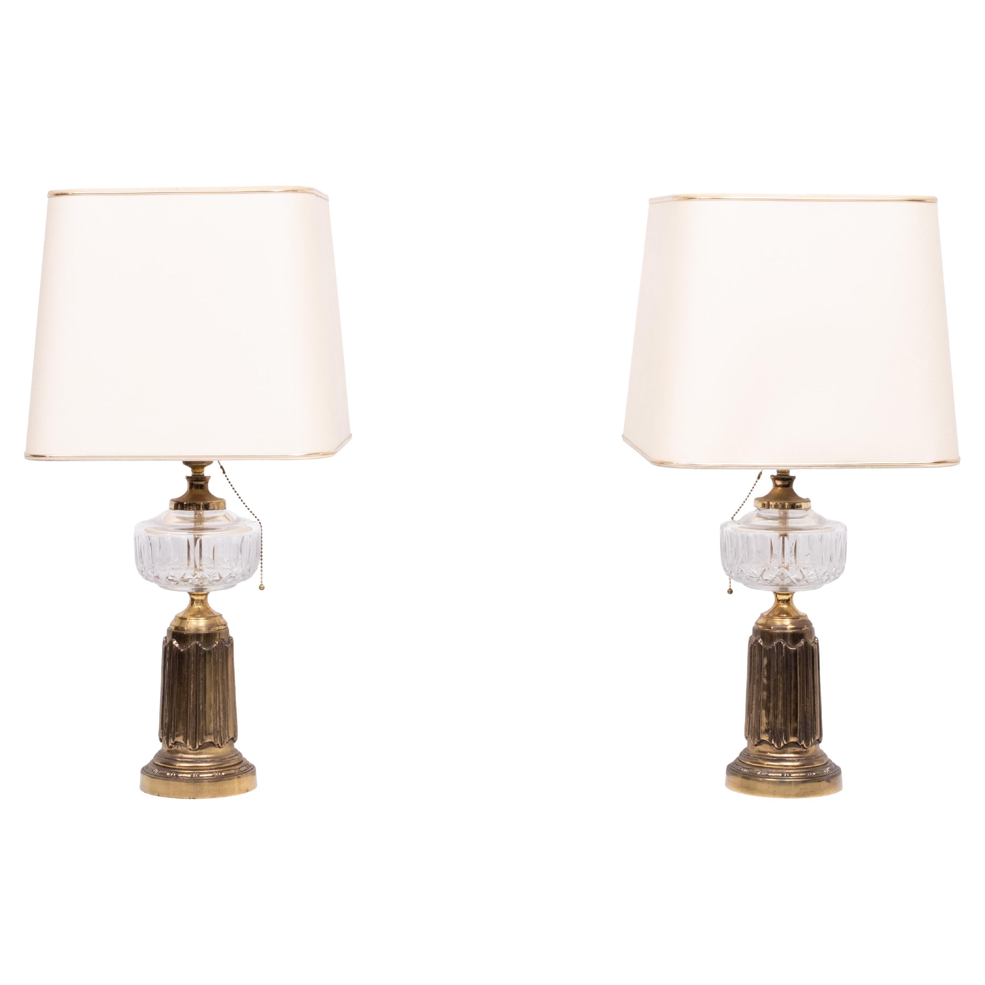 Heyco set Brass and Crystal Glass Table lamps with Shades 1960s USA
