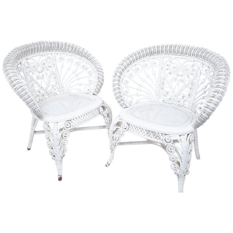 Heywood Company Victorian White Wicker Parlour Armchair Set For Sale at