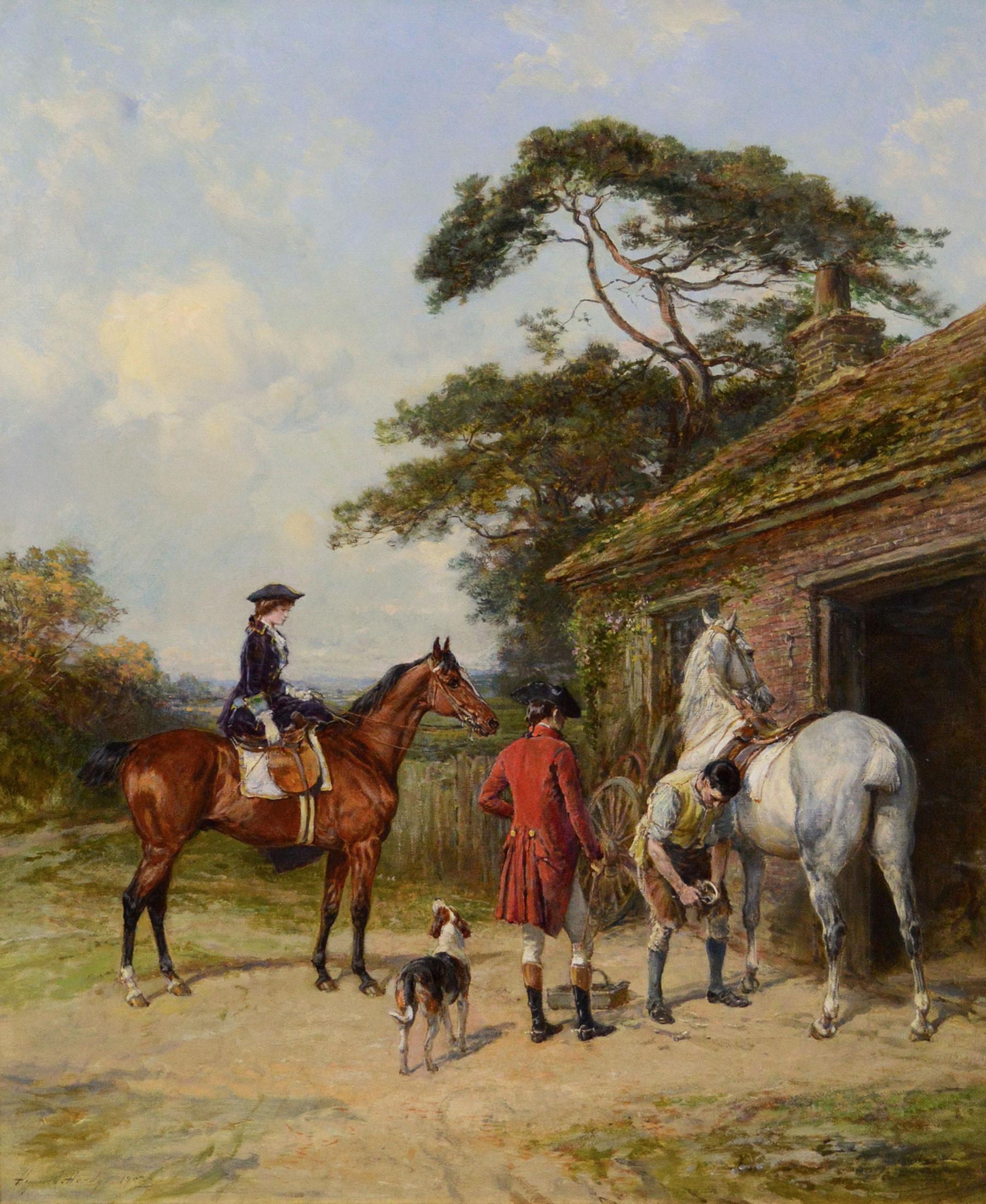 19th Century genre oil painting of a lady & gentleman at a blacksmith's - Painting by Heywood Hardy