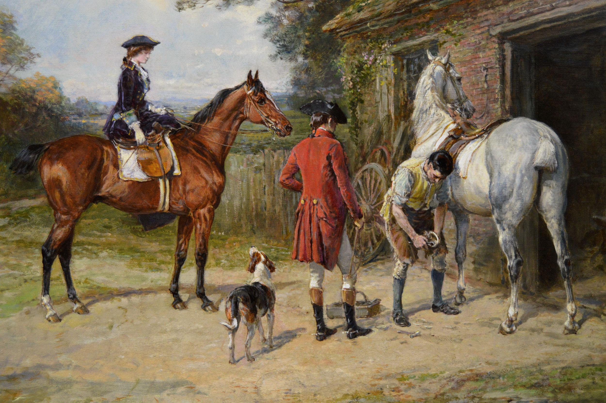 19th Century genre oil painting of a lady & gentleman at a blacksmith's - Brown Landscape Painting by Heywood Hardy
