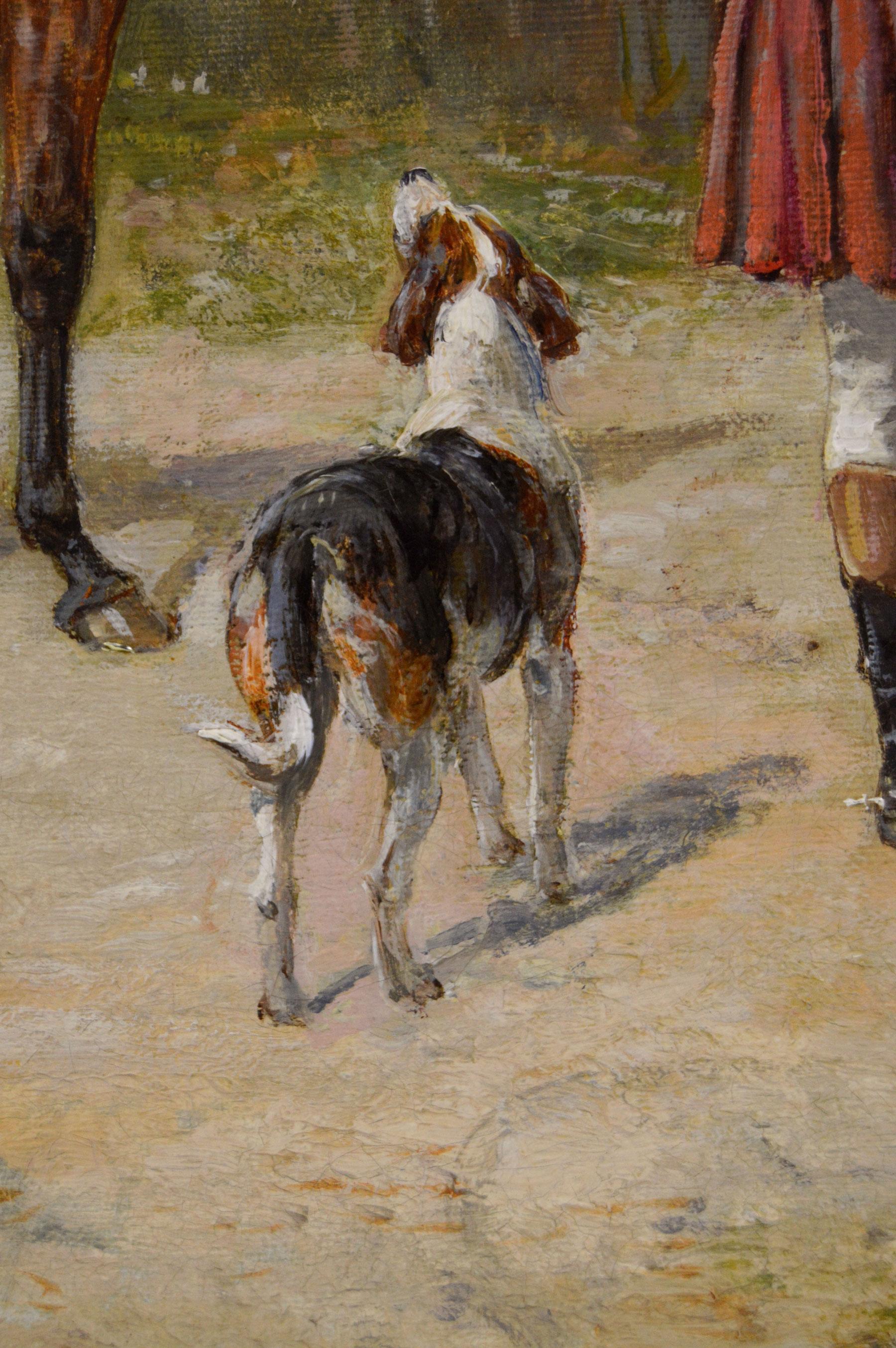 19th Century genre oil painting of a lady & gentleman at a blacksmith's For Sale 1