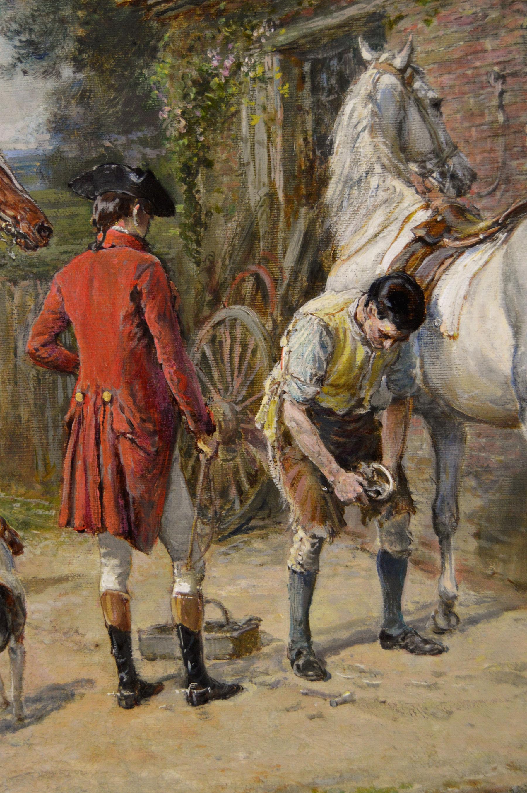 19th Century genre oil painting of a lady & gentleman at a blacksmith's For Sale 2
