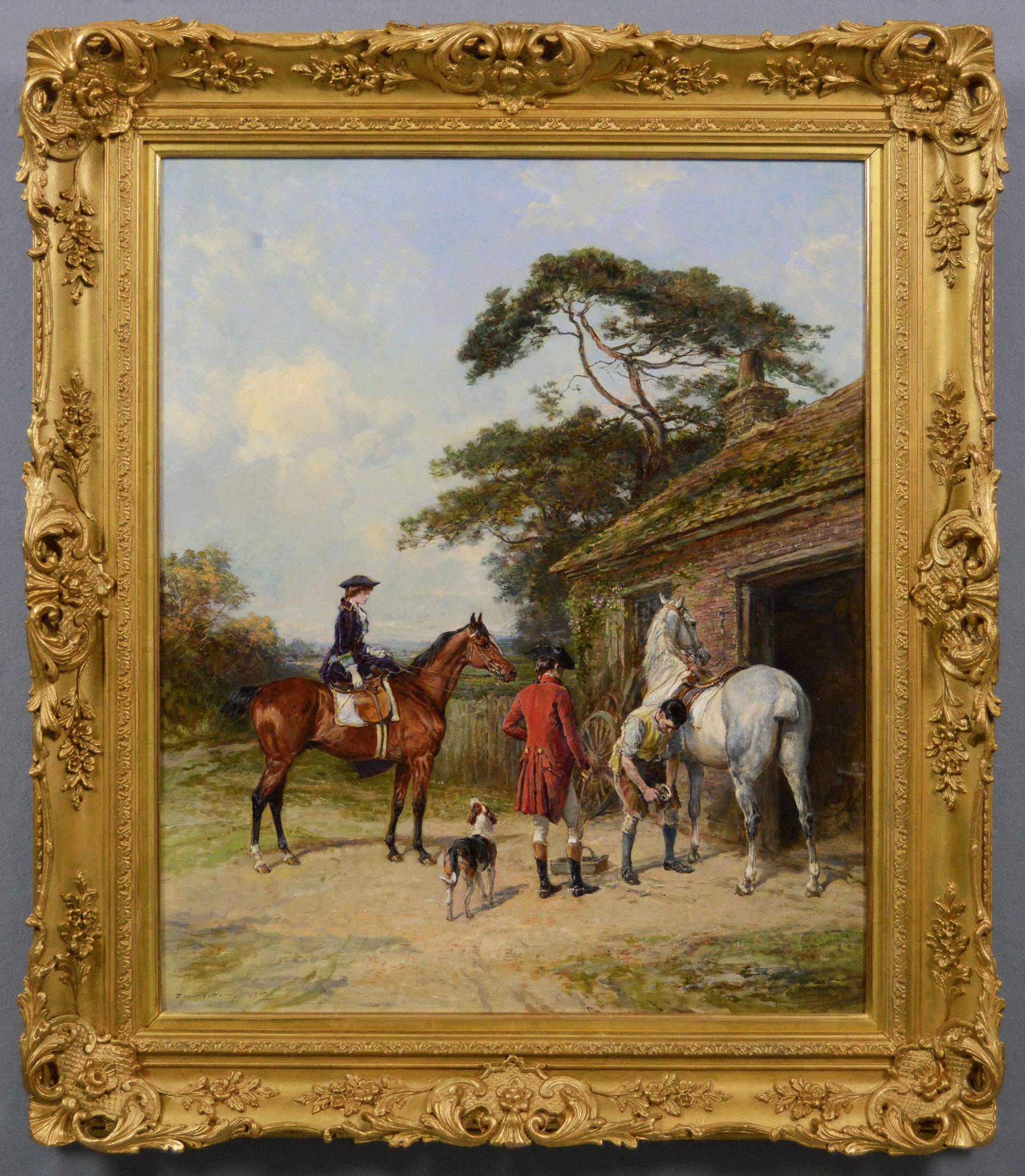 Heywood Hardy Landscape Painting - 19th Century genre oil painting of a lady & gentleman at a blacksmith's