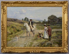 19th Century genre oil painting of people greeting a horse rider & dogs 
