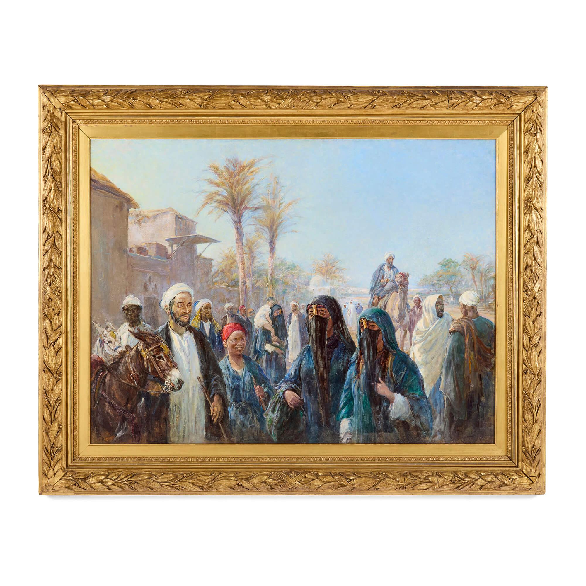 Large antique Orientalist oil painting by Heywood Hardy
British, c. 1900
Canvas: Height 79cm, width 104cm
Frame: Height 105cm, width 129cm, depth 7cm

This remarkable oil painting by British artist Heywood Hardy (1842–1933) depicts a vibrant scene