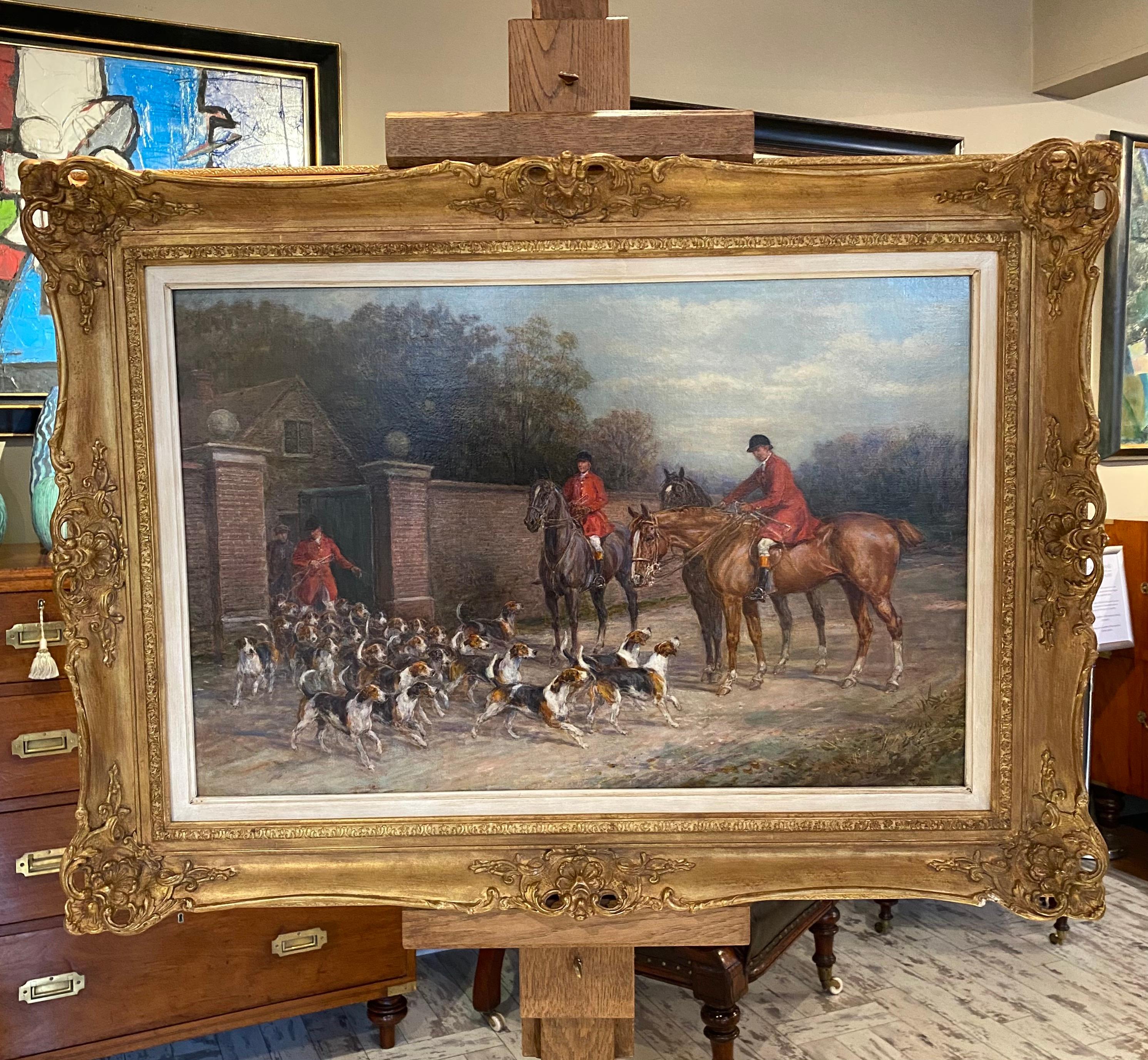 'Ready for the Hunt' English Country Hunting scene with horses, hounds & figures - Painting by Heywood Hardy