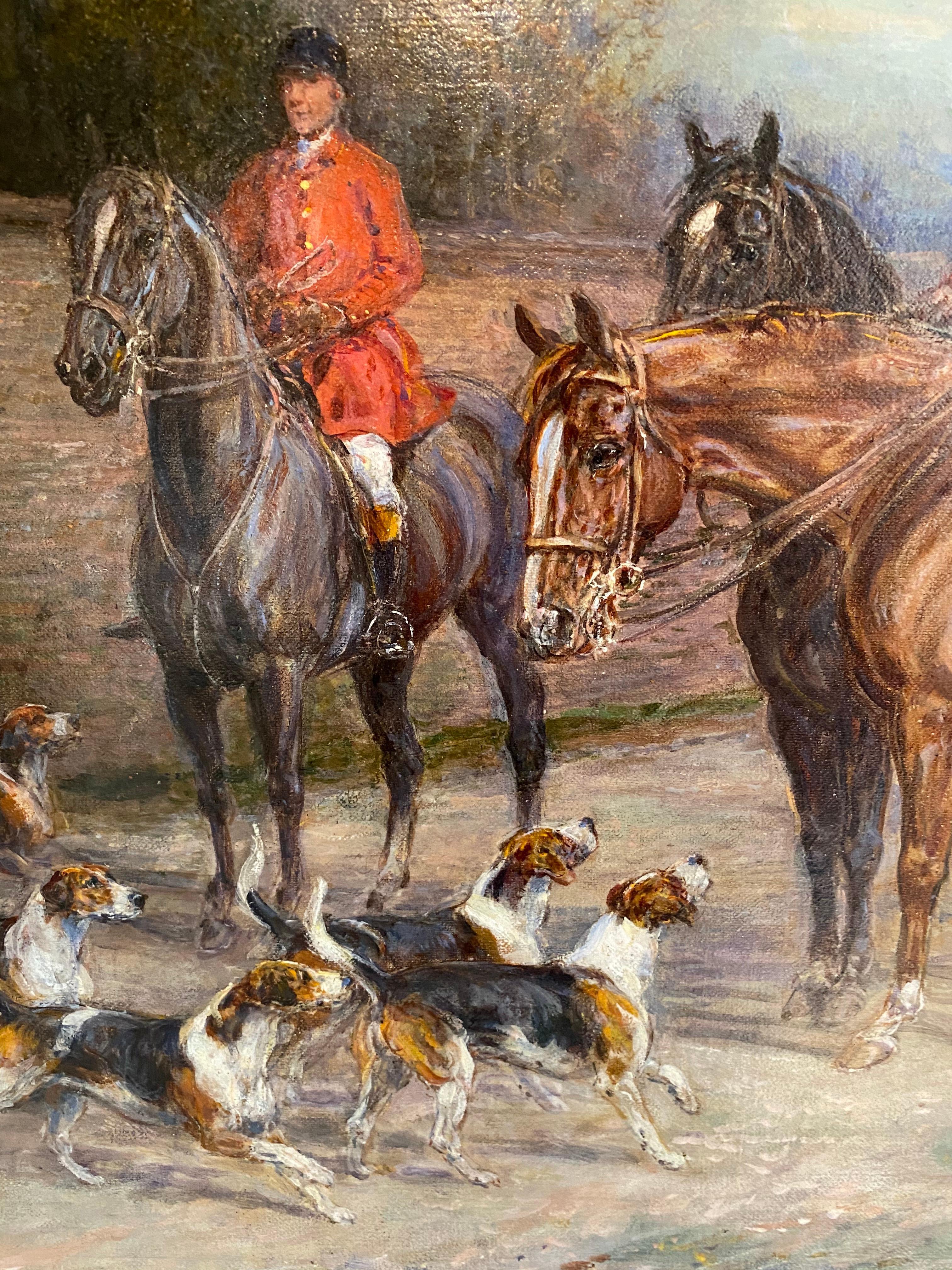 'Ready for the Hunt' English Country Hunting scene with horses, hounds & figures - Impressionist Painting by Heywood Hardy