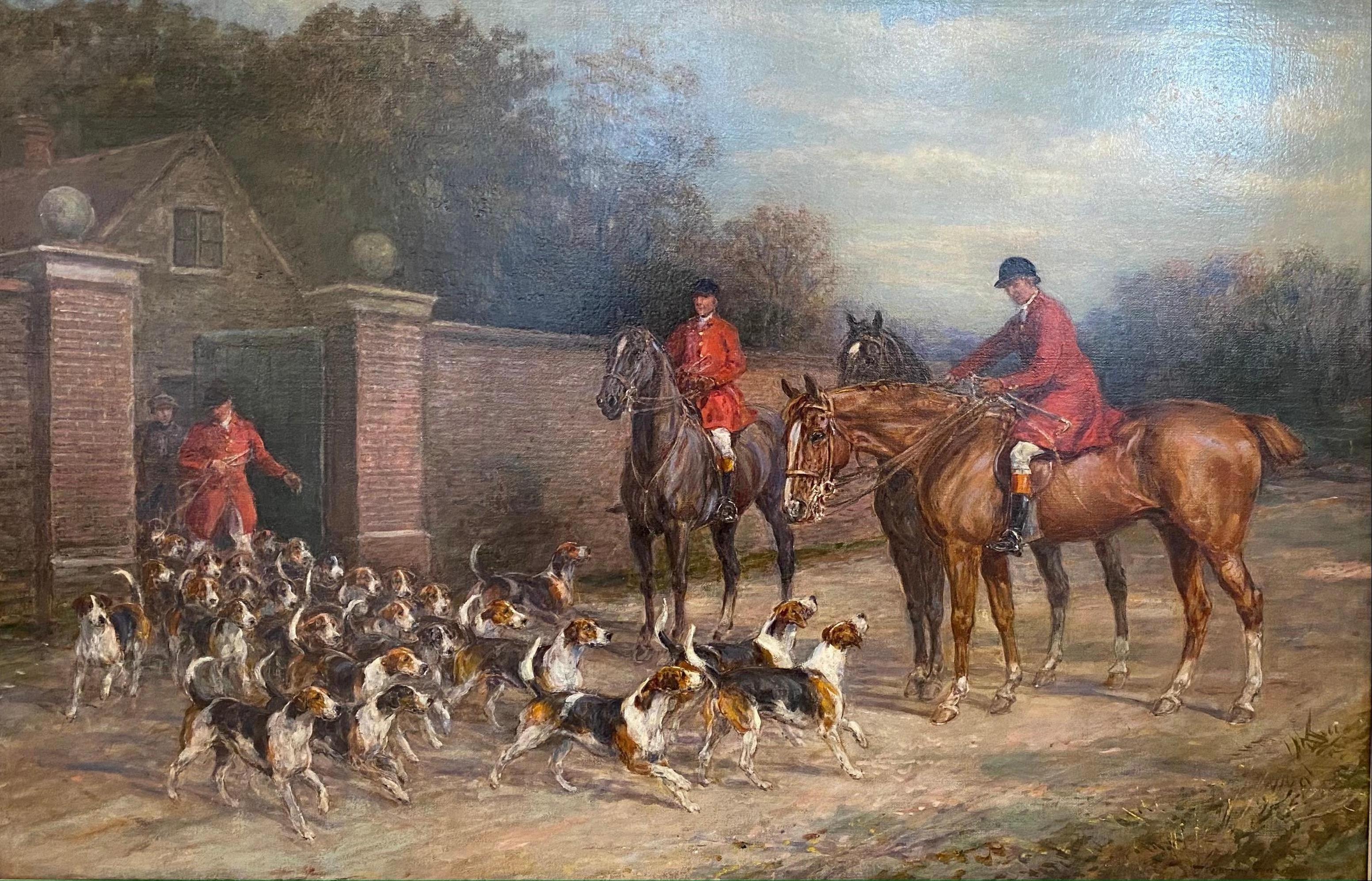 Heywood Hardy Figurative Painting - 'Ready for the Hunt' English Country Hunting scene with horses, hounds & figures