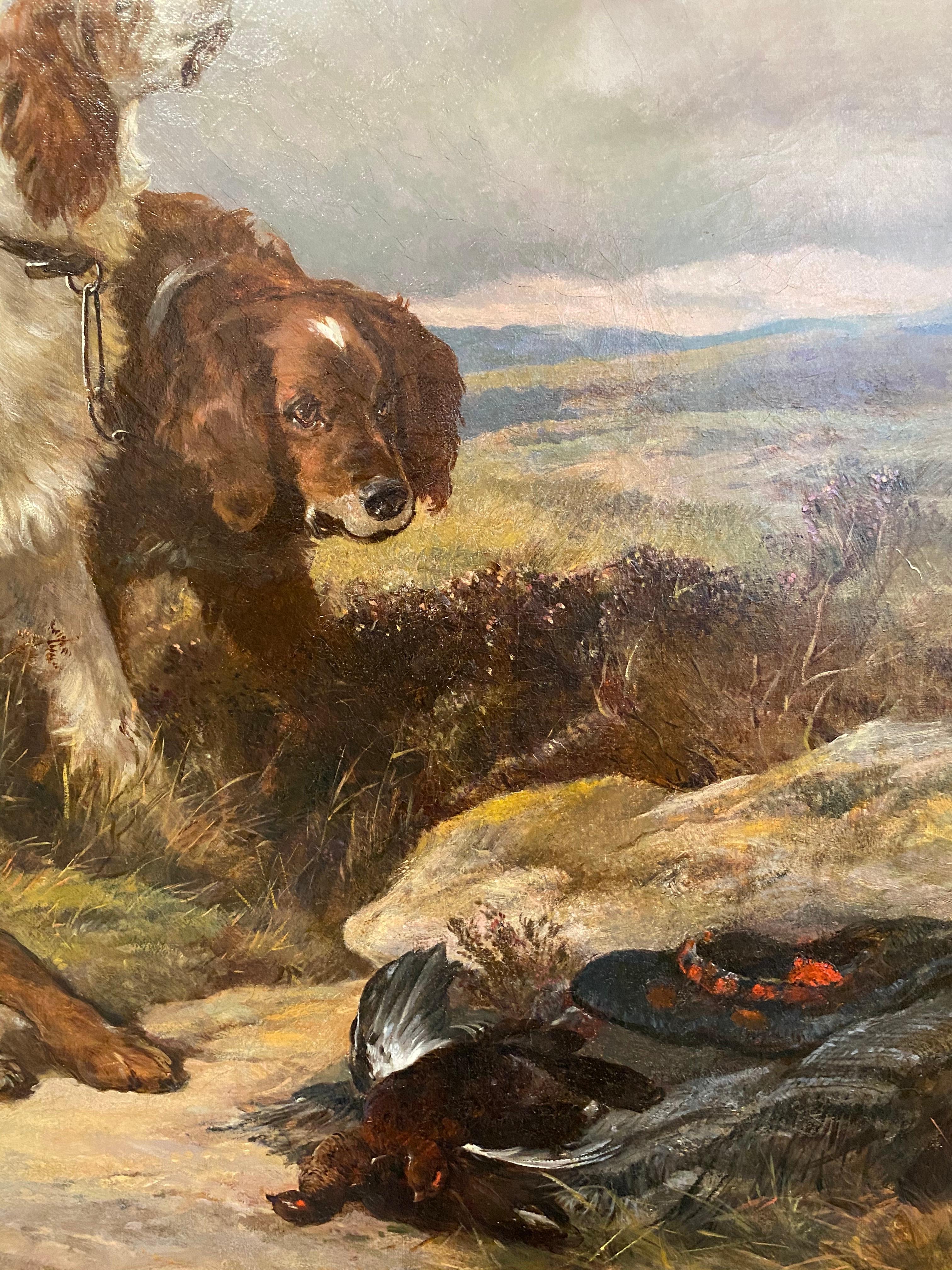 Dogs « The Pack » dans un paysage britannique vert, scène de sport avec oiseaux de chasse - Noir Landscape Painting par Heywood Hardy