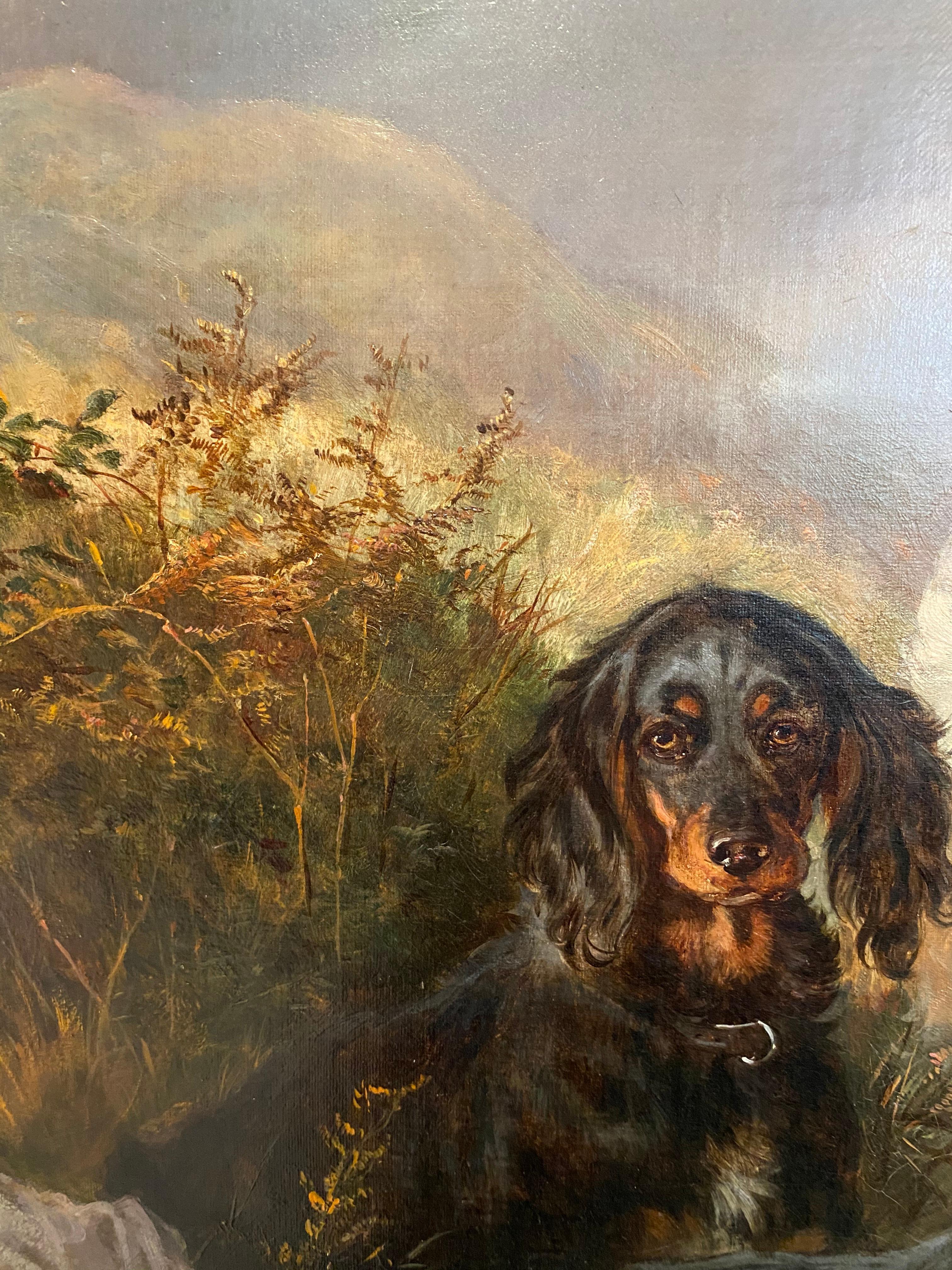 'The Pack' Setter Dogs in a green British landscape, game bird sporting scene - Impressionist Painting by Heywood Hardy