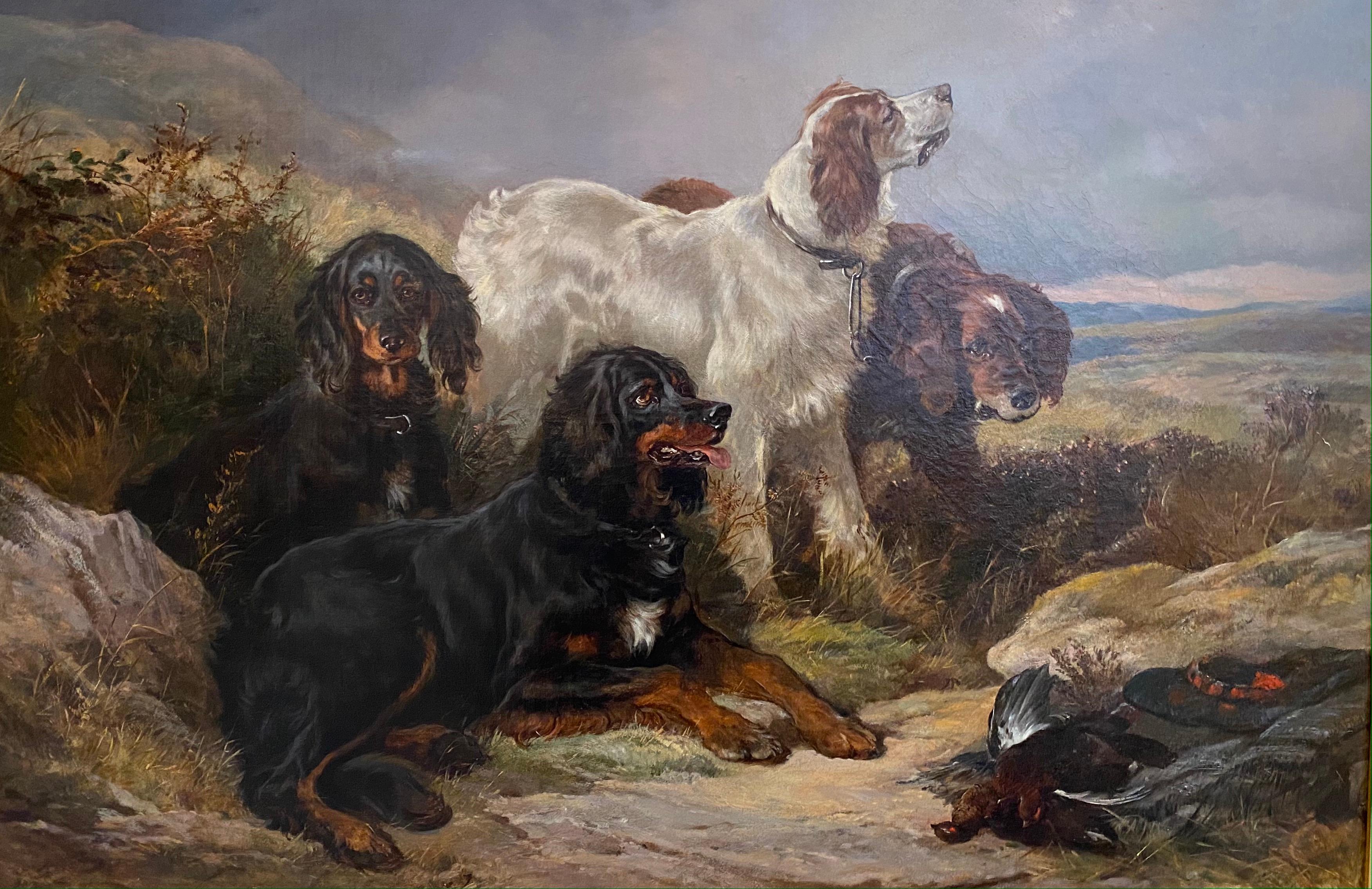 'The Pack' Setter Dogs in a green British landscape, game bird sporting scene