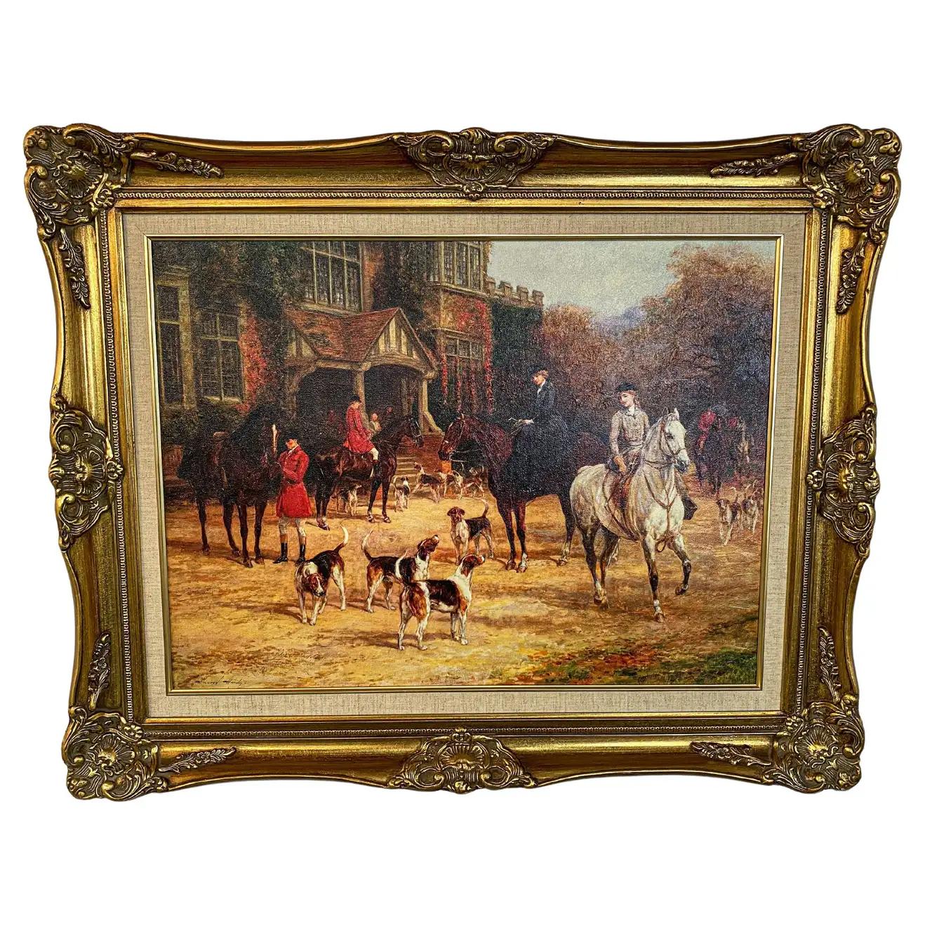 An elegant print canvas painting of English hunters and hounds in a countryside estate after the the British artist Heywood Hardy ( English, 1842-1933) who was trained at the École des Beaux-Arts in Paris. Heywood Hardy specialty was the painting of