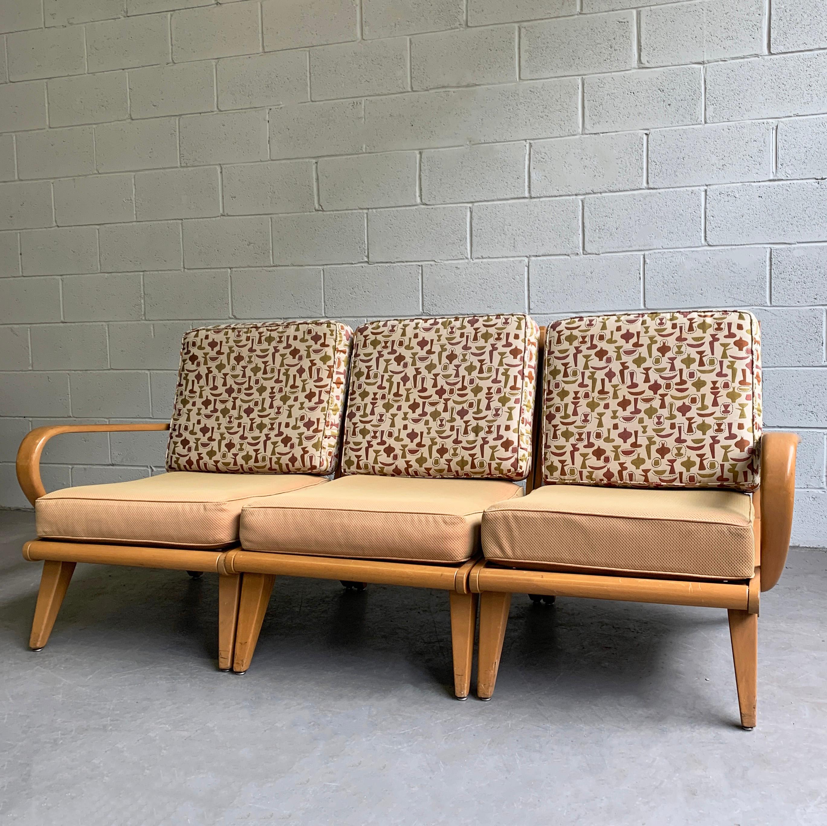 Mid-Century Modern, 3-piece, solid birch, sectional sofa by Heywood-Wakefield Co. with bentwood arms can be used separately or as a loveseat with slipper chair combination.