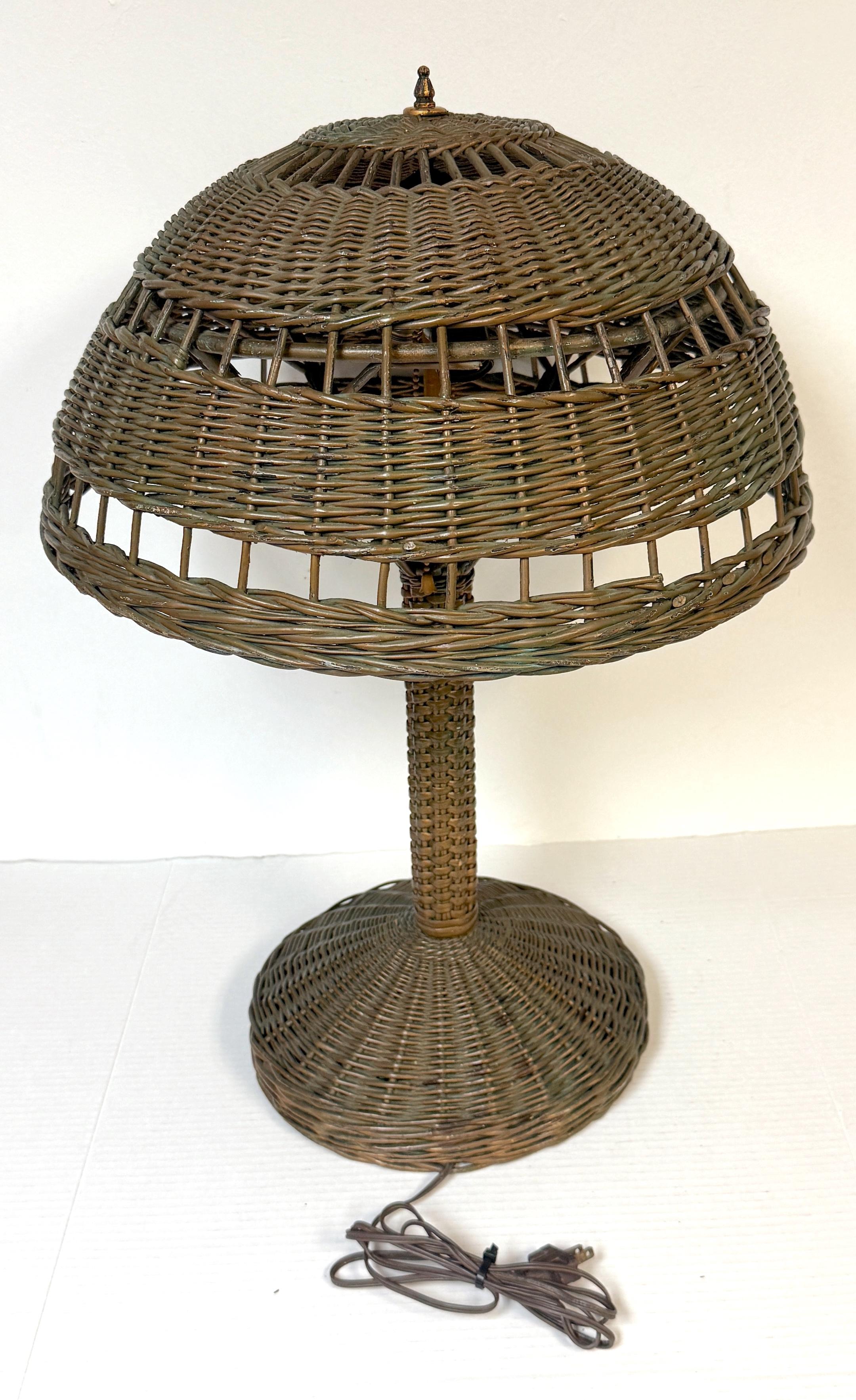 Polychromed Heywood Wakefield Art Deco Wicker Mushroom Table Lamp, circa 1925