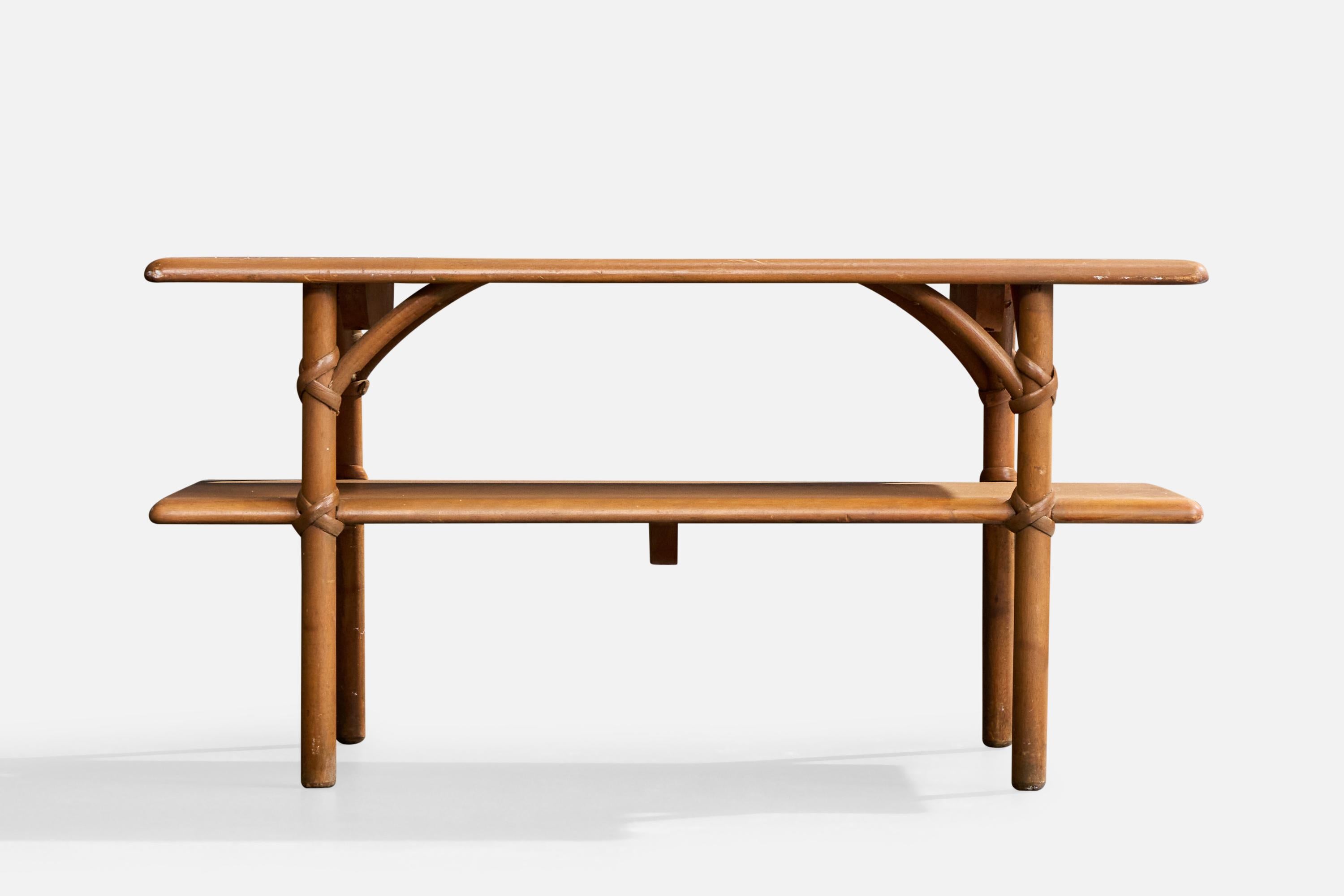 Américain Heywood Wakefield, table basse, Wood, rotin, États-Unis, années 1950 en vente