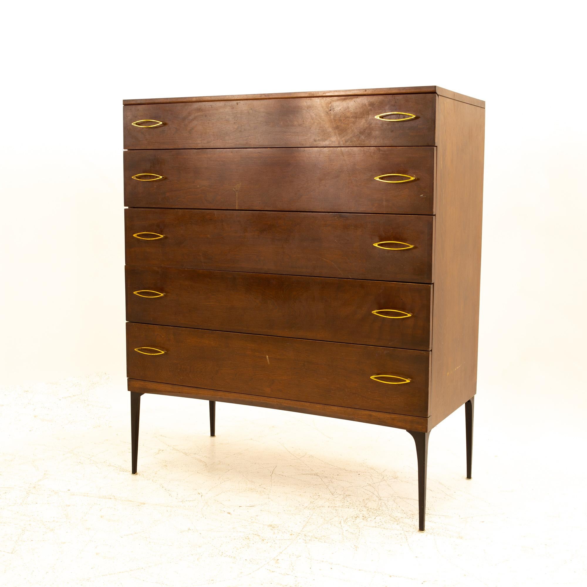 Heywood-Wakefield Contessa mid century walnut formica and brass cats eye highboy dresser
Dresser measures: 36 wide x 18 deep x 43.5 high

All pieces of furniture can be had in what we call restored vintage condition. That means the piece is