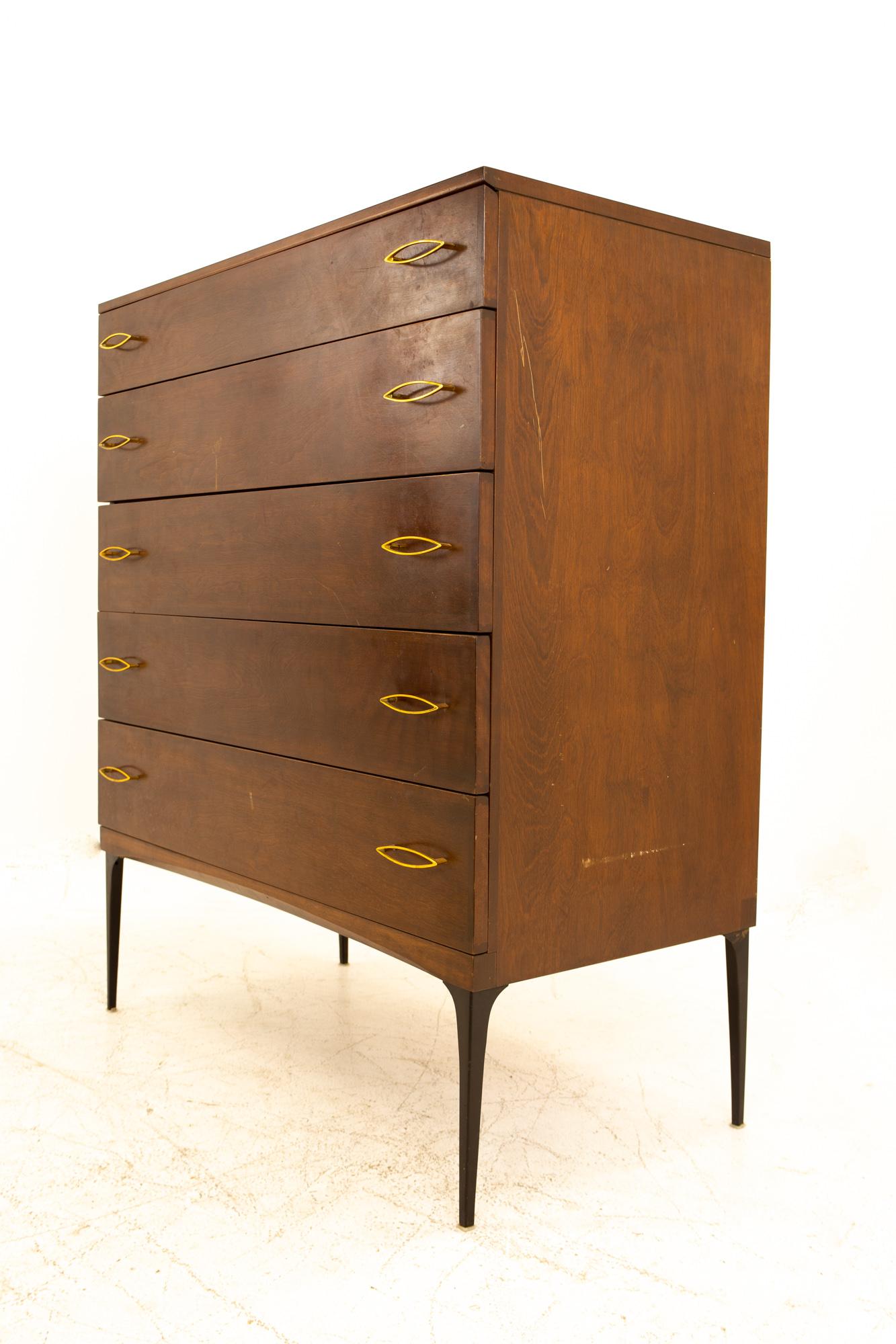 Heywood-Wakefield Contessa MCM Walnut Formica and Brass Cats Eye Highboy Dresser In Good Condition In Countryside, IL