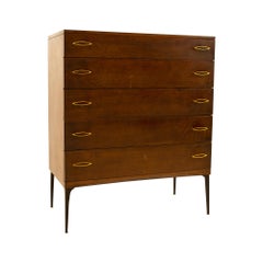 Heywood-Wakefield Contessa MCM Walnut Formica and Brass Cats Eye Highboy Dresser