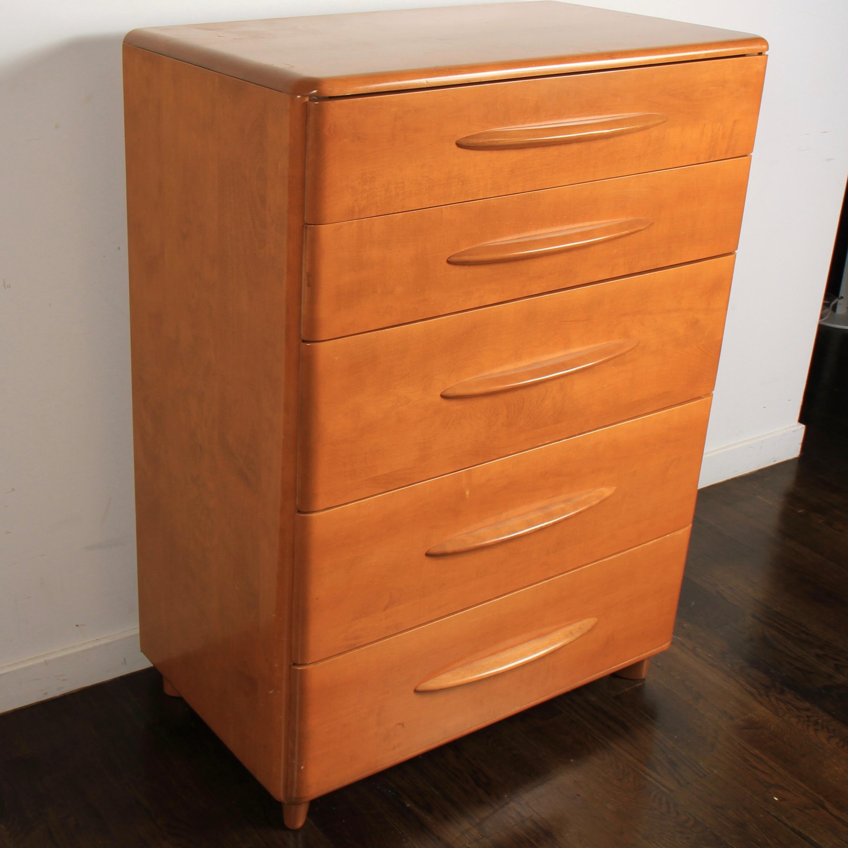 Clean, solid birch, five-drawer high dresser in original Champaign finish.

In 1897, two prominent furniture companies, Heywood Brothers (est. 1826) and Wakefield Company (est. 1855) merged to create Heywood Brothers & Wakefield Company; the name