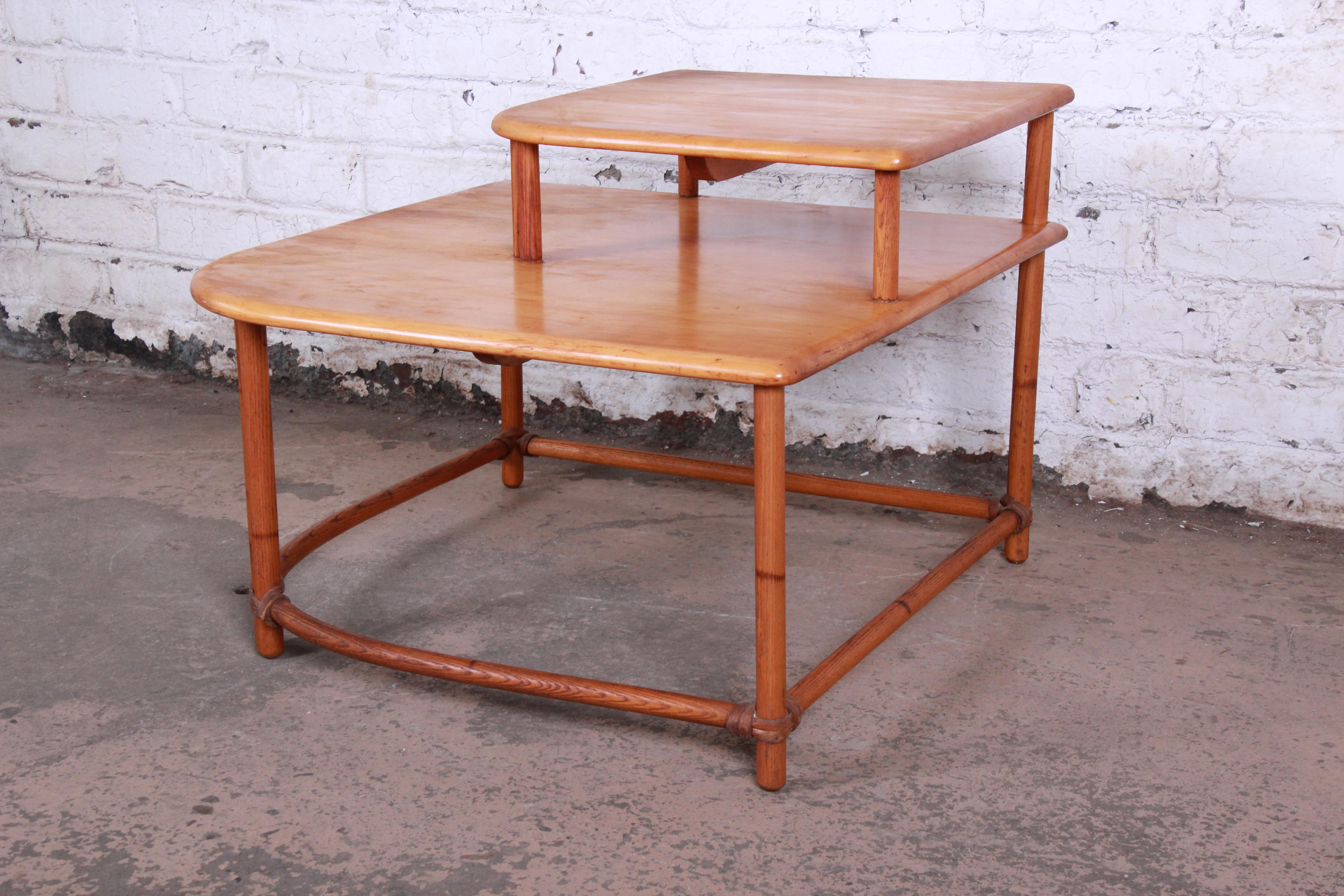 American Heywood Wakefield Hollywood Regency Mid-Century Modern Rattan Corner End Table