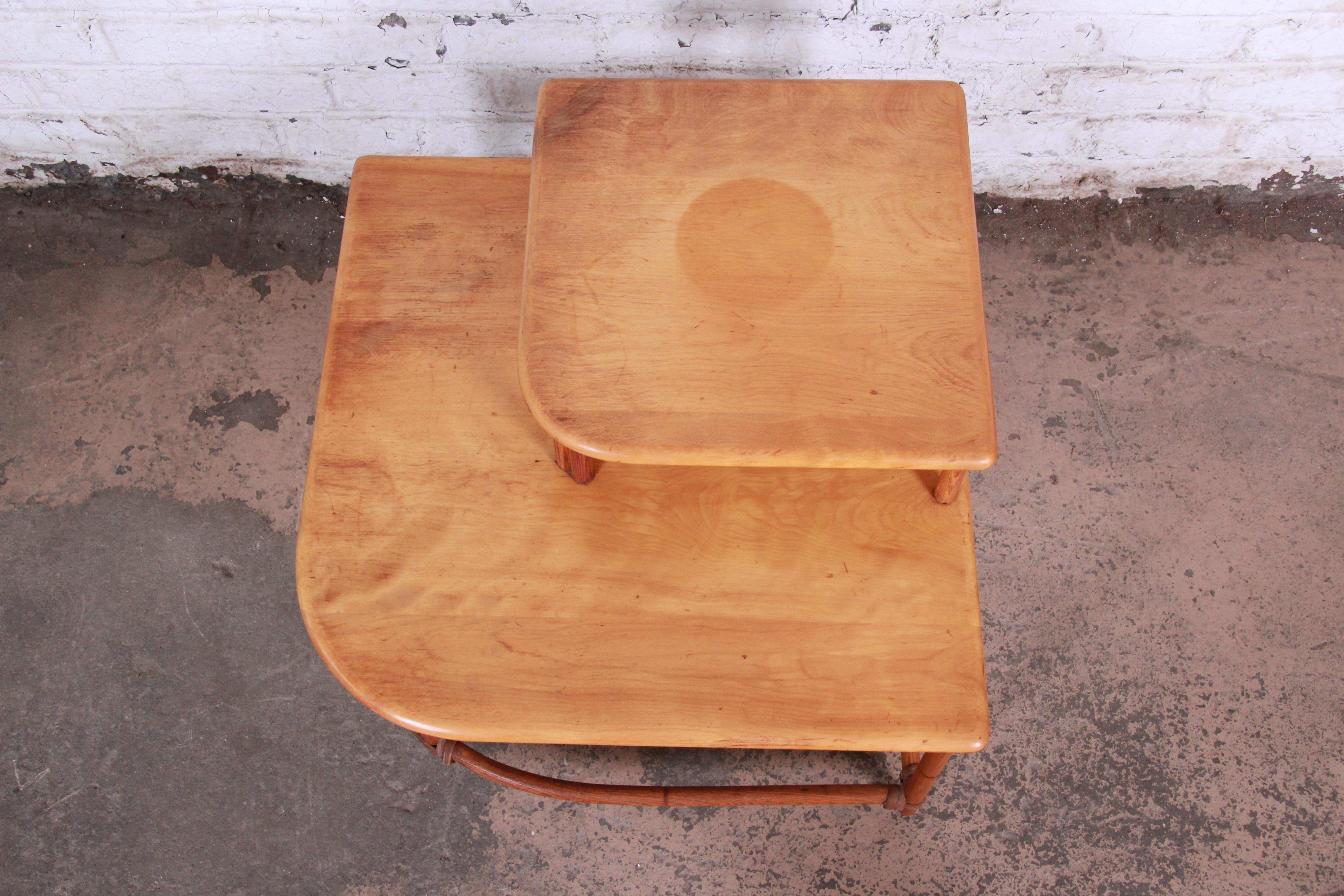 Mid-20th Century Heywood Wakefield Hollywood Regency Mid-Century Modern Rattan Corner End Table