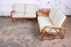 Heywood Wakefield Hollywood Regency Rattan Sectional Sofa and End Table Set