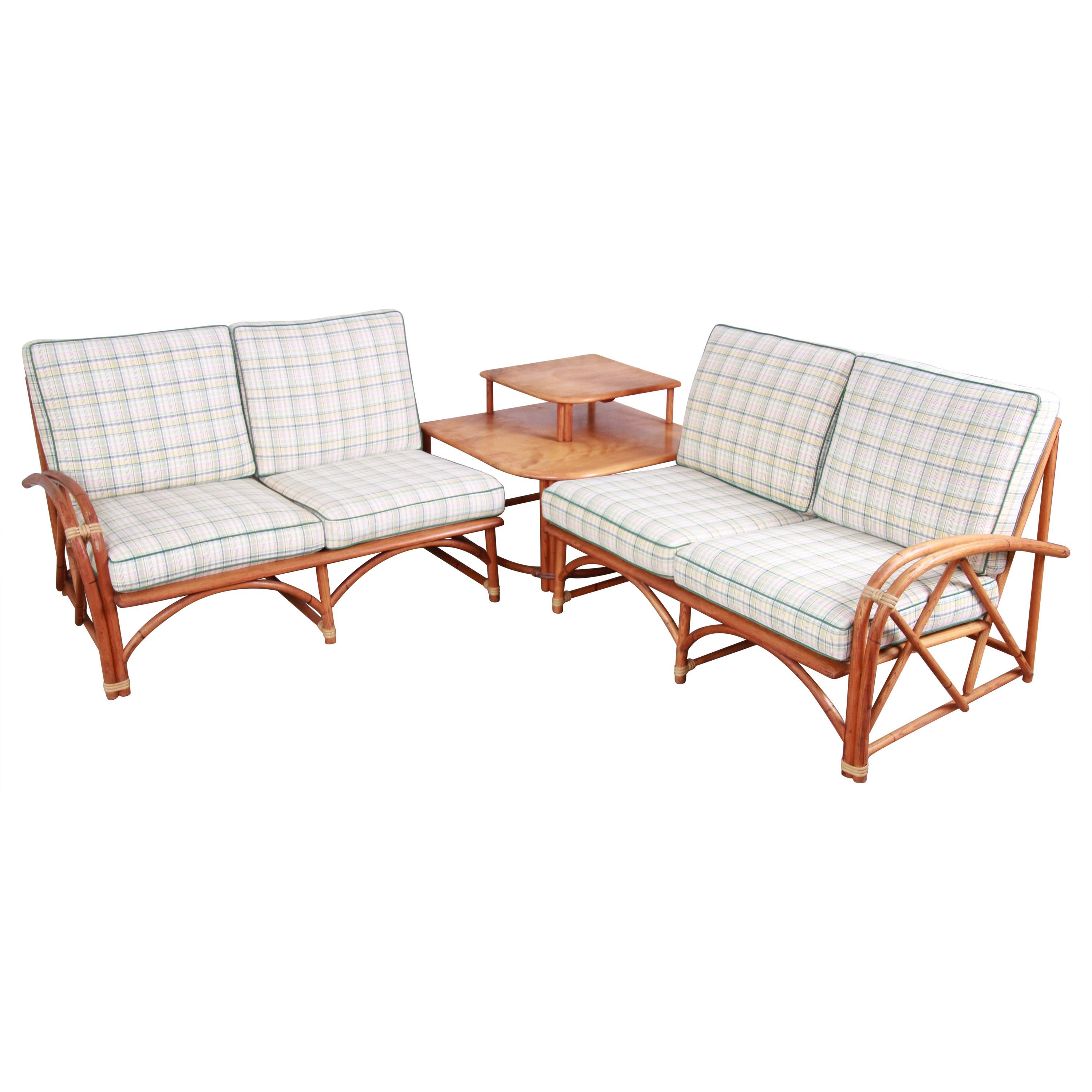 Heywood Wakefield Hollywood Regency Rattan Sectional Sofa and End Table Set