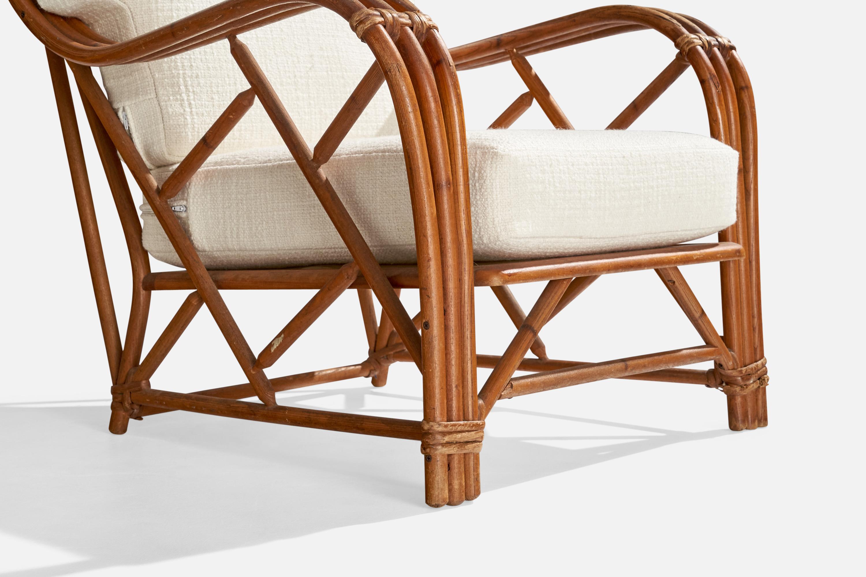 American Heywood Wakefield, Lounge Chairs, Bamboo, Rattan, Fabric, USA, 1950s