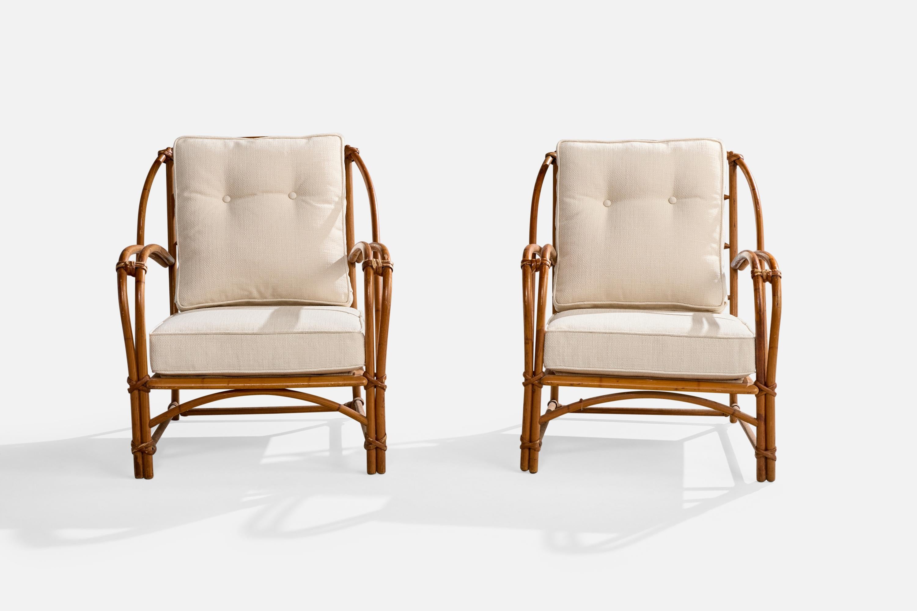American Heywood Wakefield, Lounge Chairs, Bamboo, Rattan, Fabric, USA, 1950s
